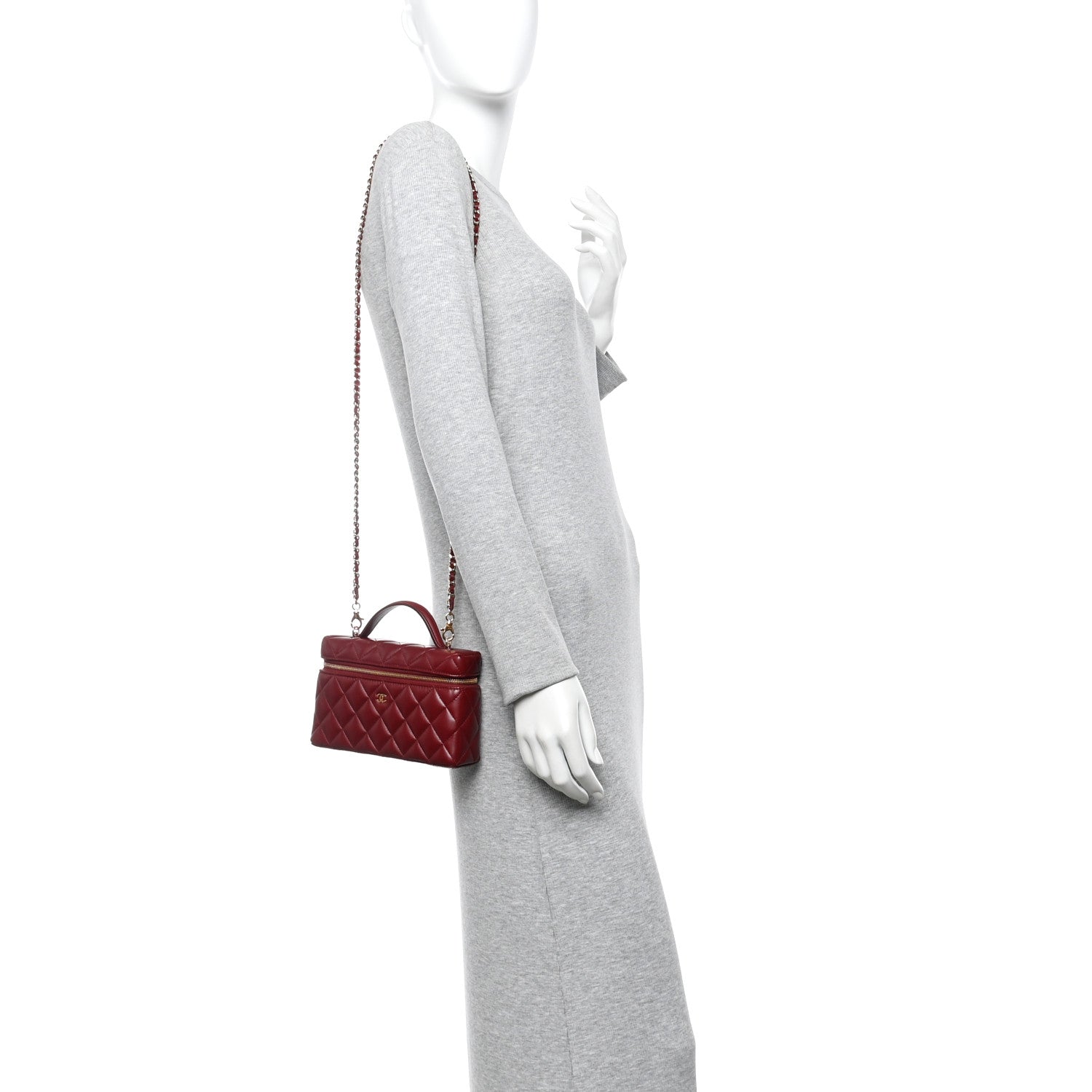 Lambskin Quilted Top Handle Slim Vanity With Chain Burgundy