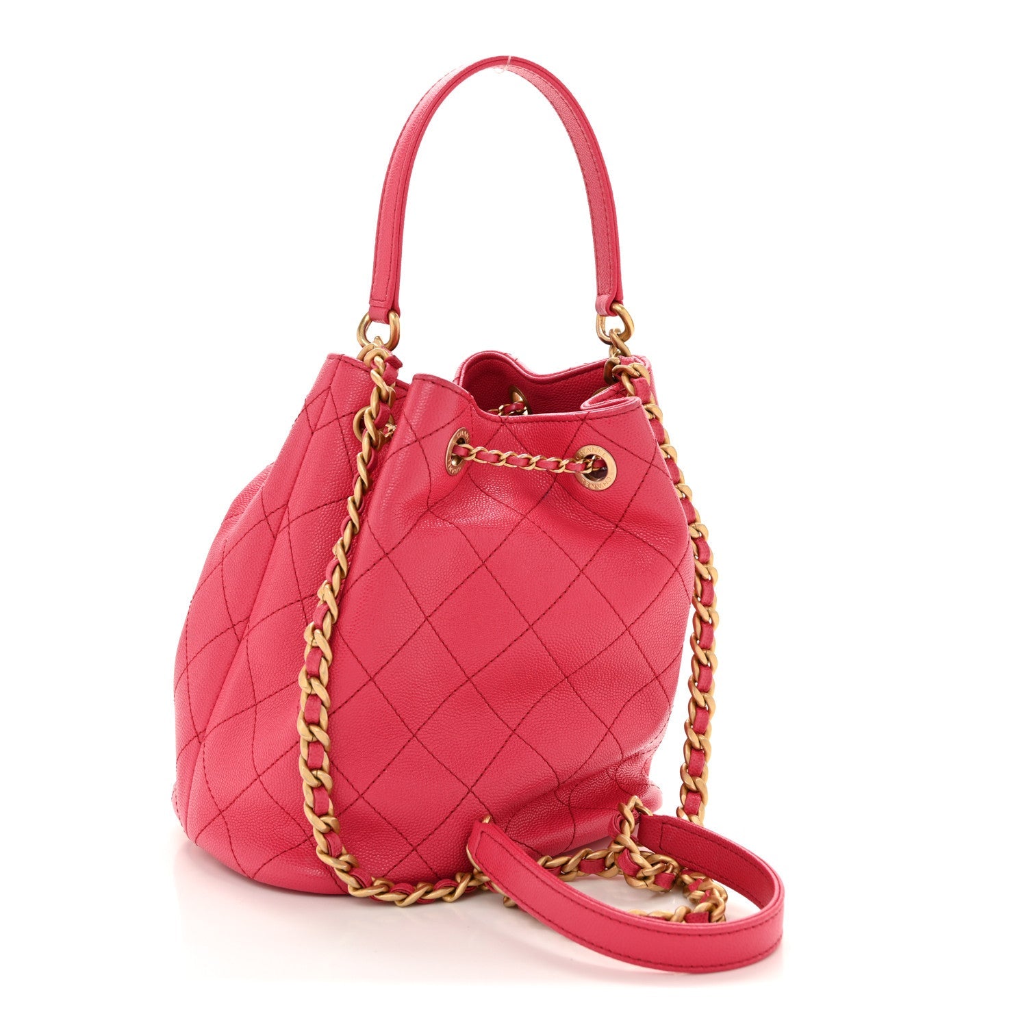Caviar Quilted Fashion Therapy Bucket Drawstring Bag Dark Pink
