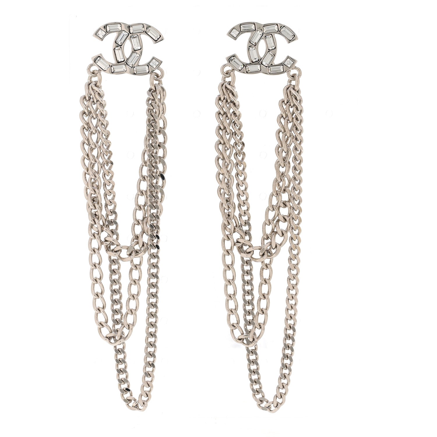 Crystal Baguette CC Chain Drop Earrings Silver