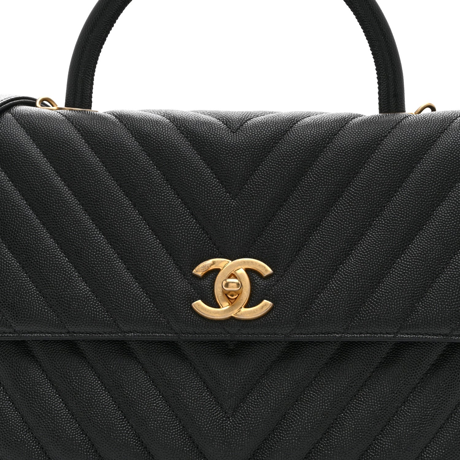 Caviar Chevron Quilted Medium Coco Handle Flap Black