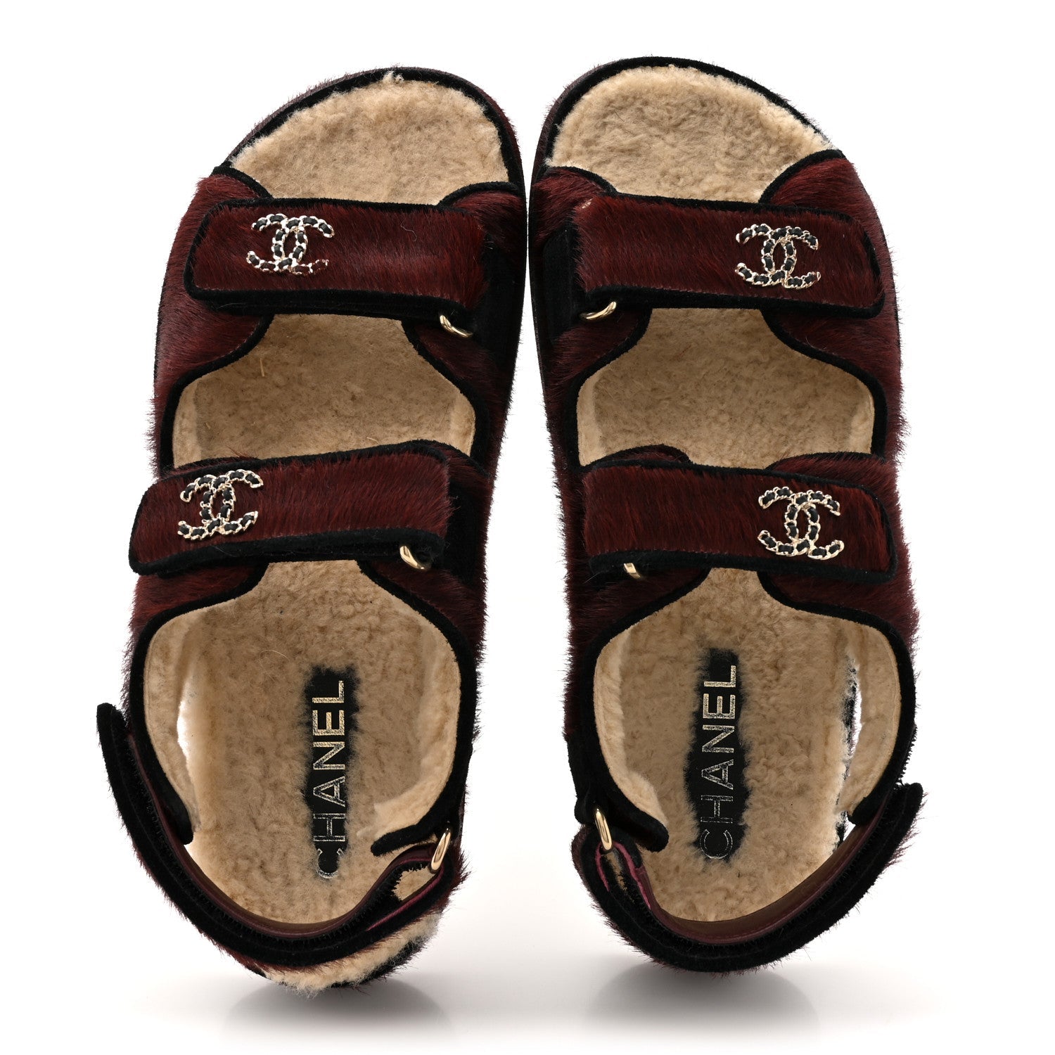 Calf Hair Suede Shearling Dad Sandals 38 Burgundy Black