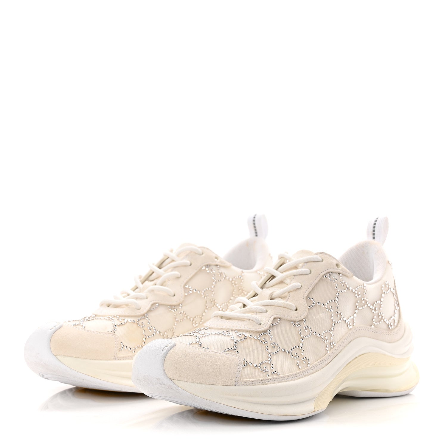 Tela Retino Mesh Crystal Suede GG Monogram Womens Gucci Run Sneakers 37.5 Off White Silver