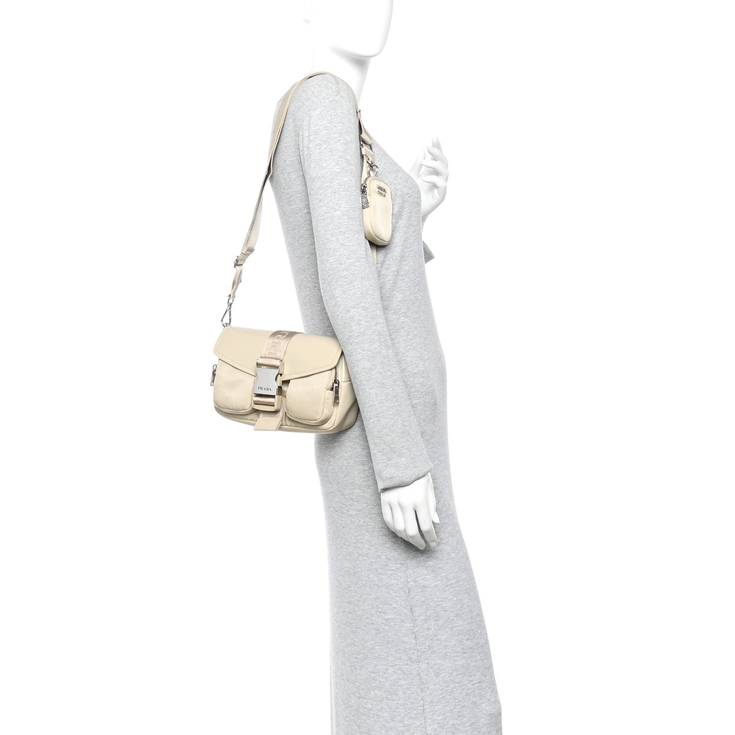 Re-Nylon Spazzolato Double Pocket Buckle Shoulder Bag Deserto