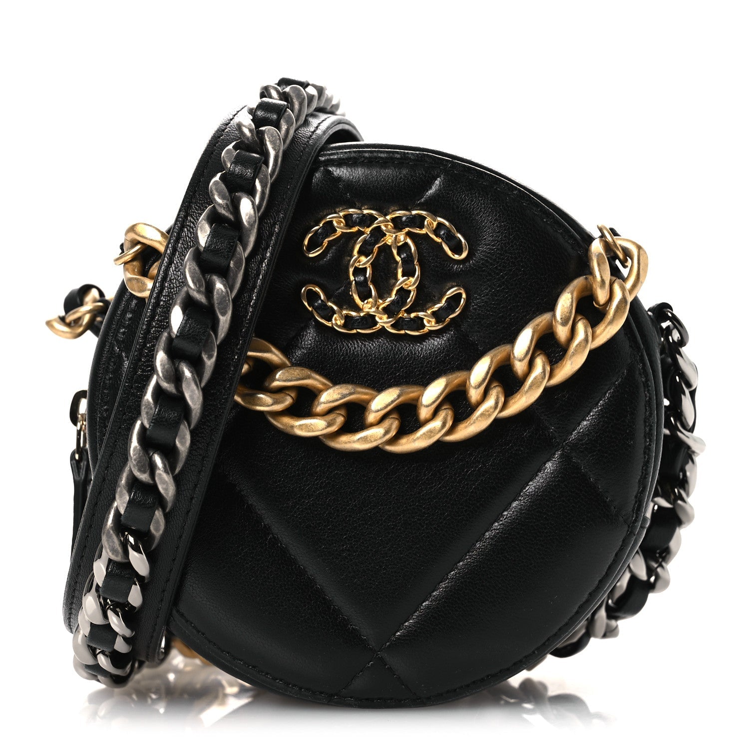 Lambskin Quilted Chanel 19 Round Clutch With Chain Black
