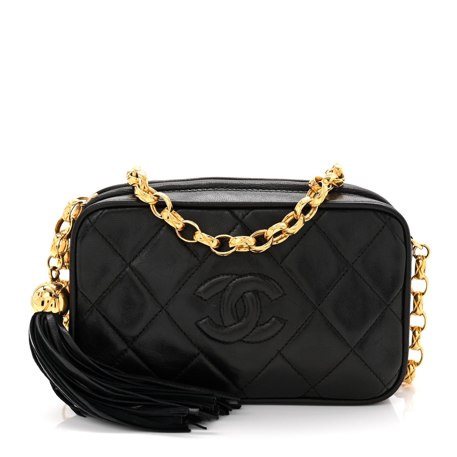 Lambskin Quilted Tassel Camera Case Black