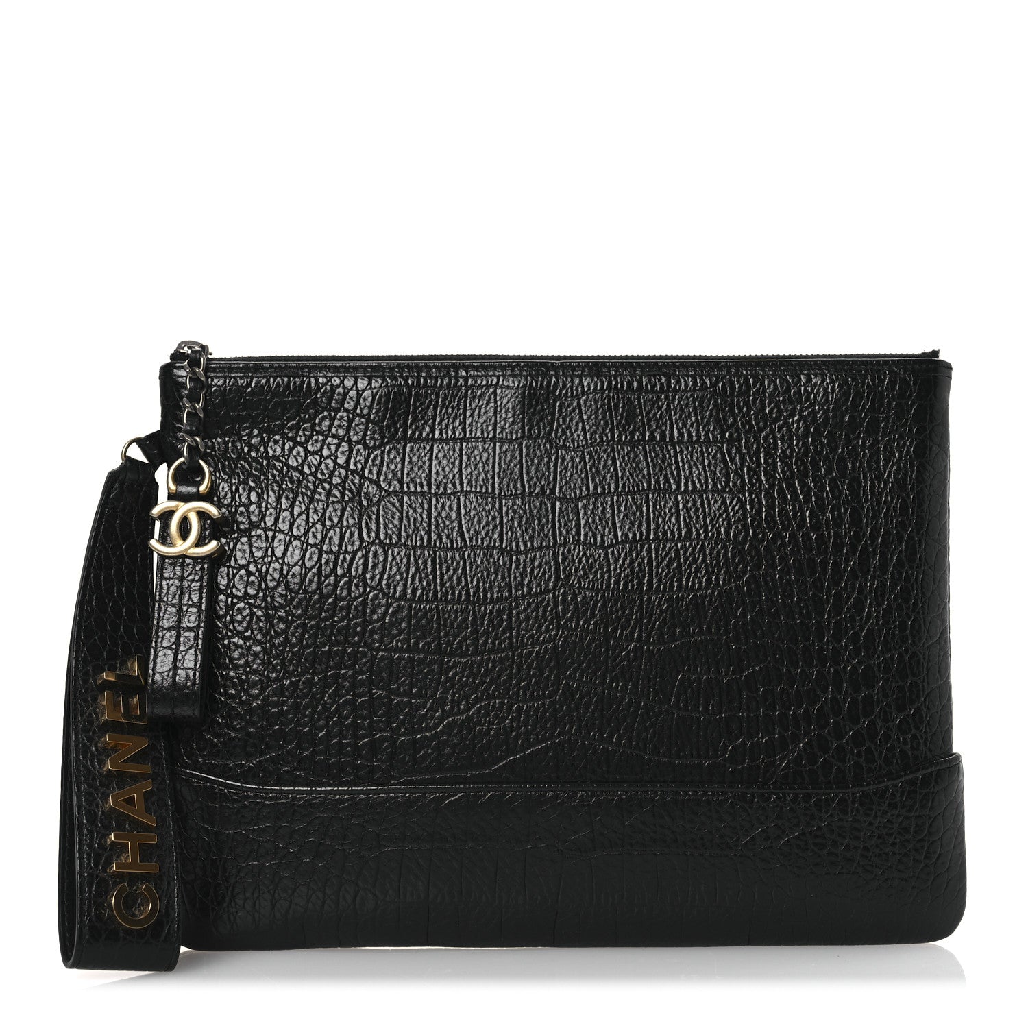 Calfskin Crocodile Embossed Quilted Medium Gabrielle Cosmetic Case Black