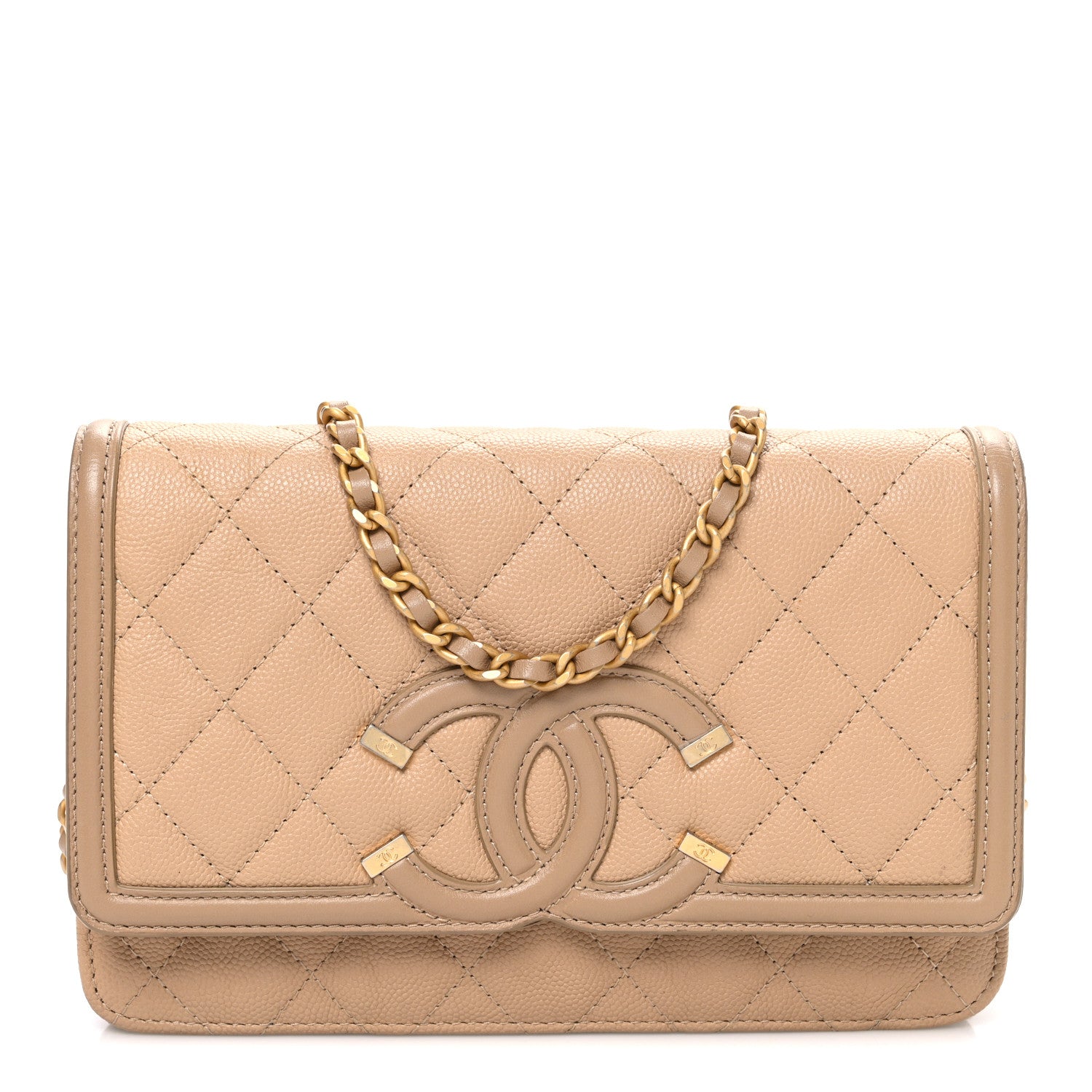 Caviar Quilted CC Filigree Wallet On Chain WOC Beige