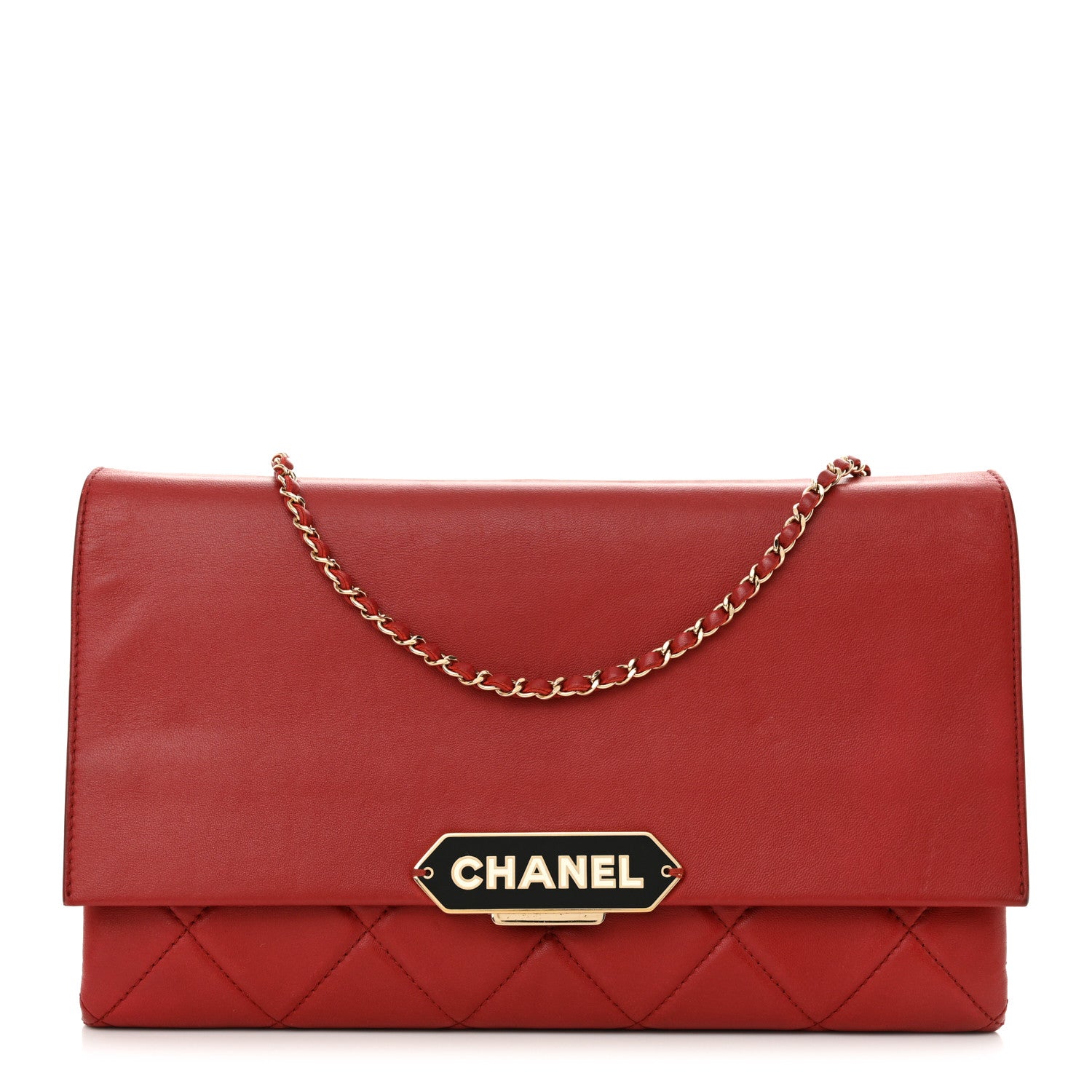 Lambskin Quilted Retro Label Clutch Red