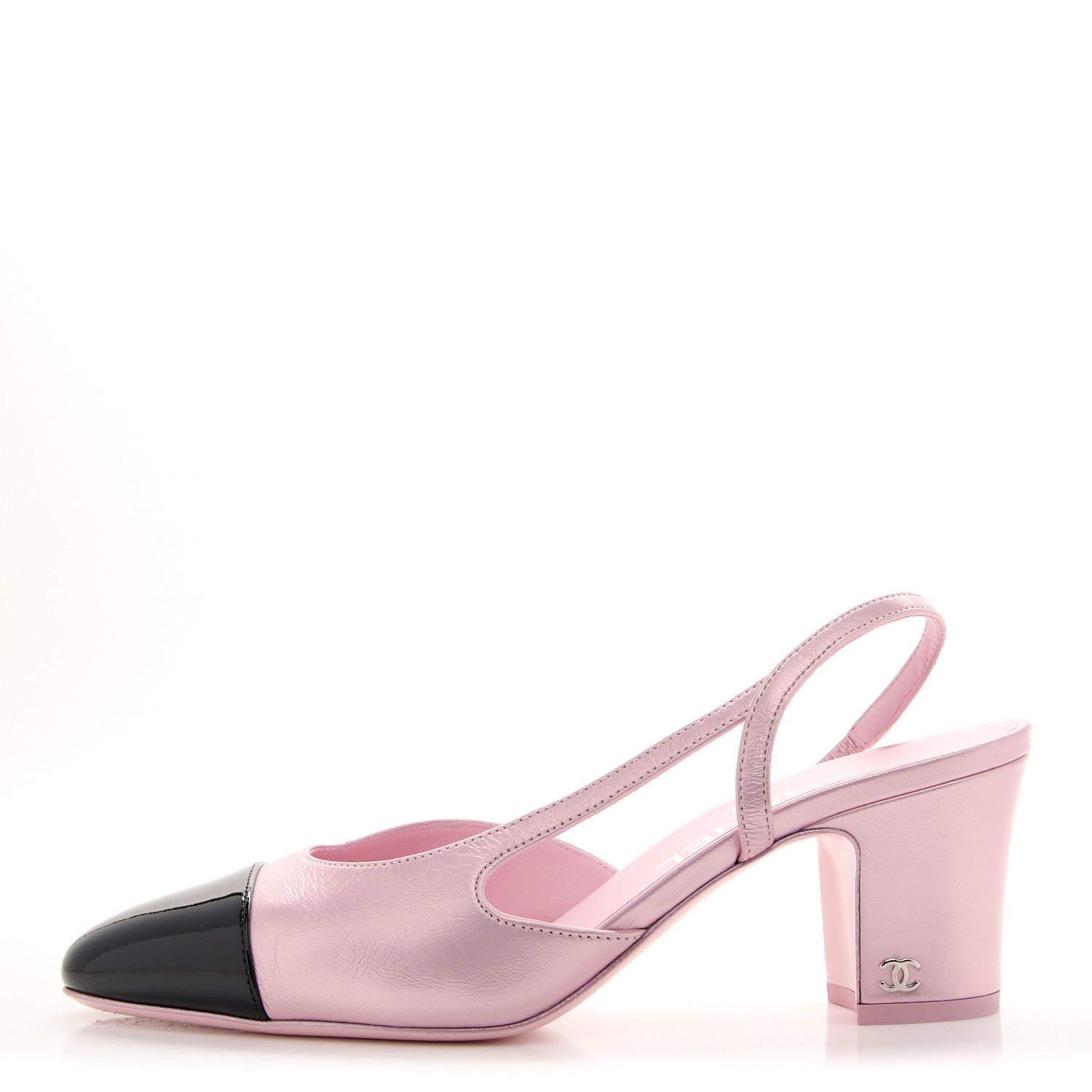 Laminated Lambskin Patent Cap Toe CC Slingback Pumps 38 Light Pink Black