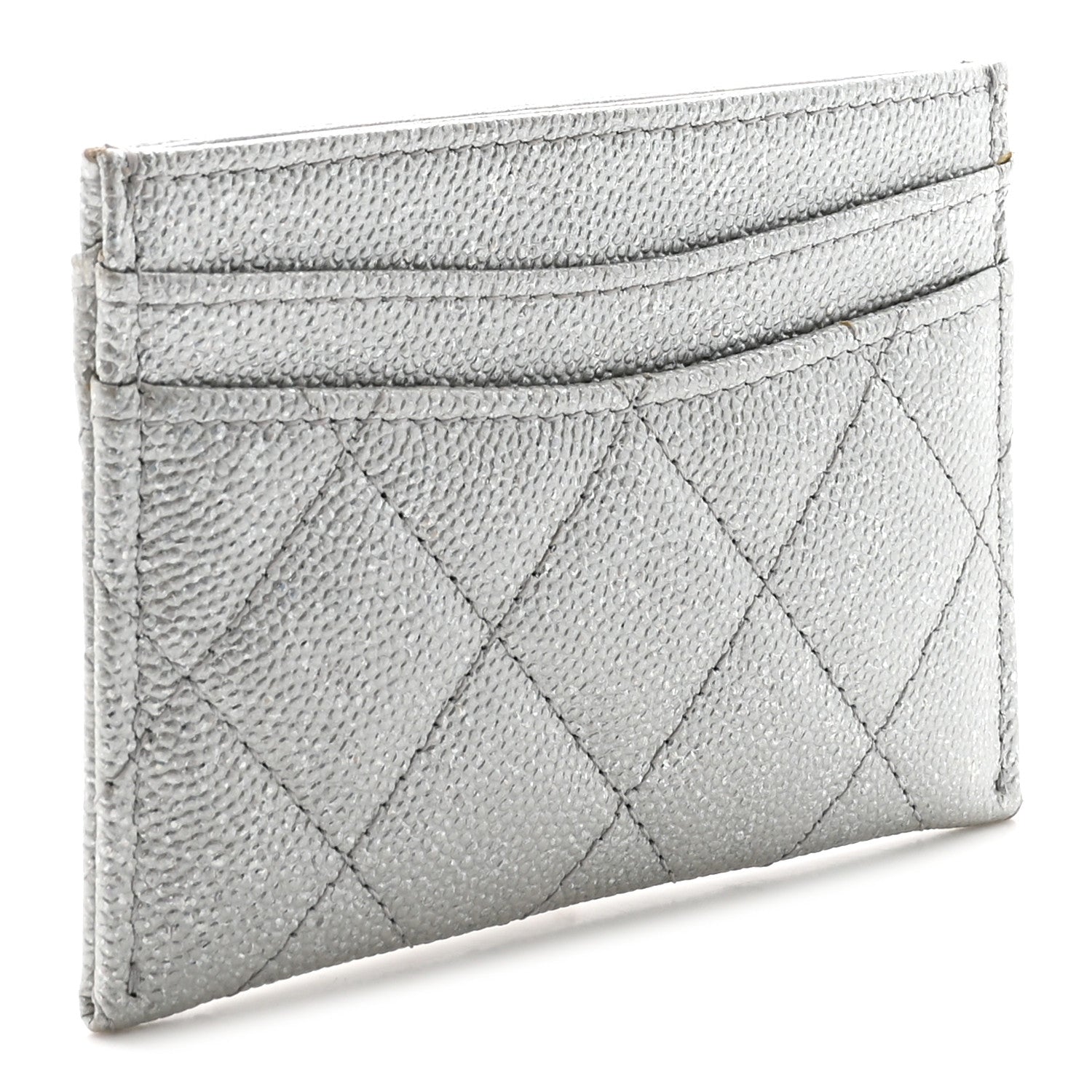 Glittered Metallic Caviar Quilted Card Holder Silver