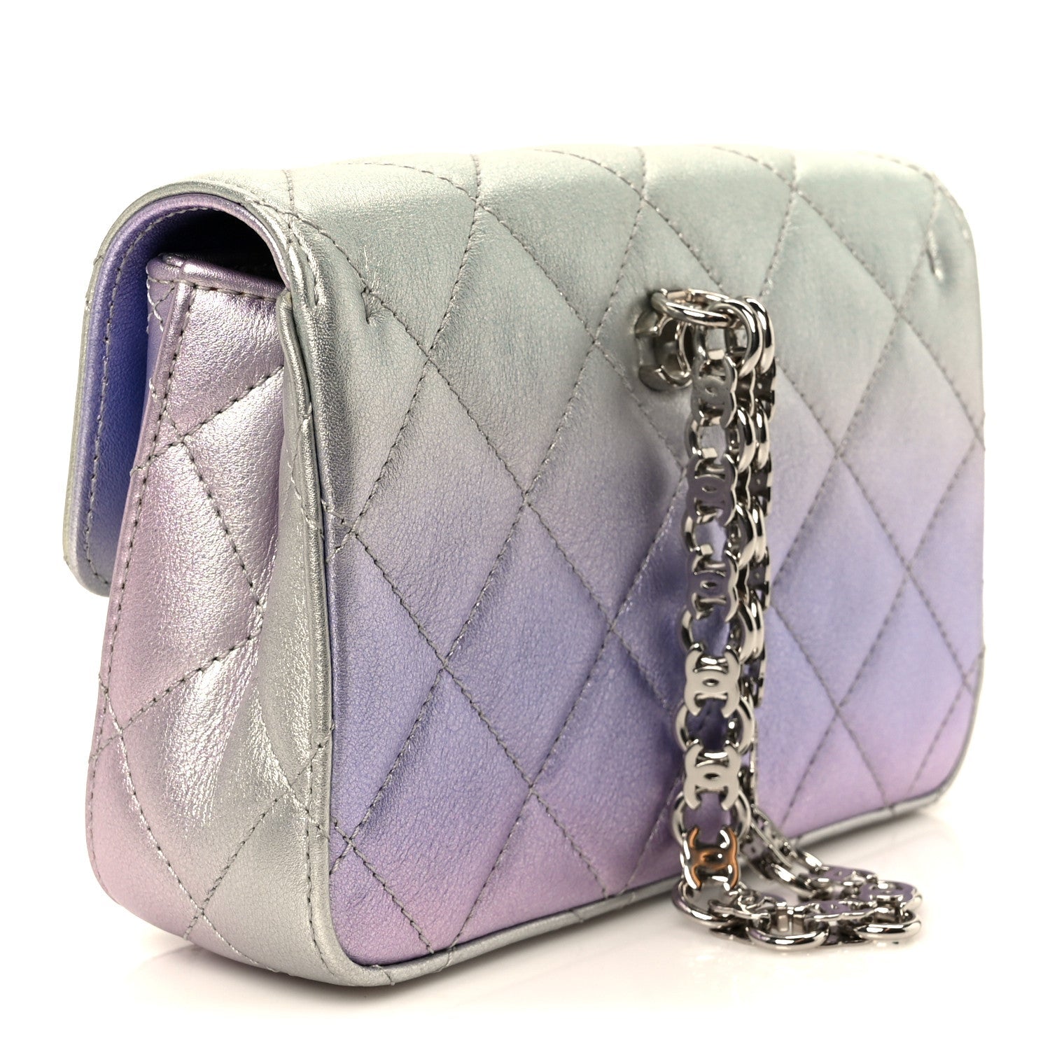 Gradient Metallic Calfskin Quilted Clutch Silver Blue Yellow Purple