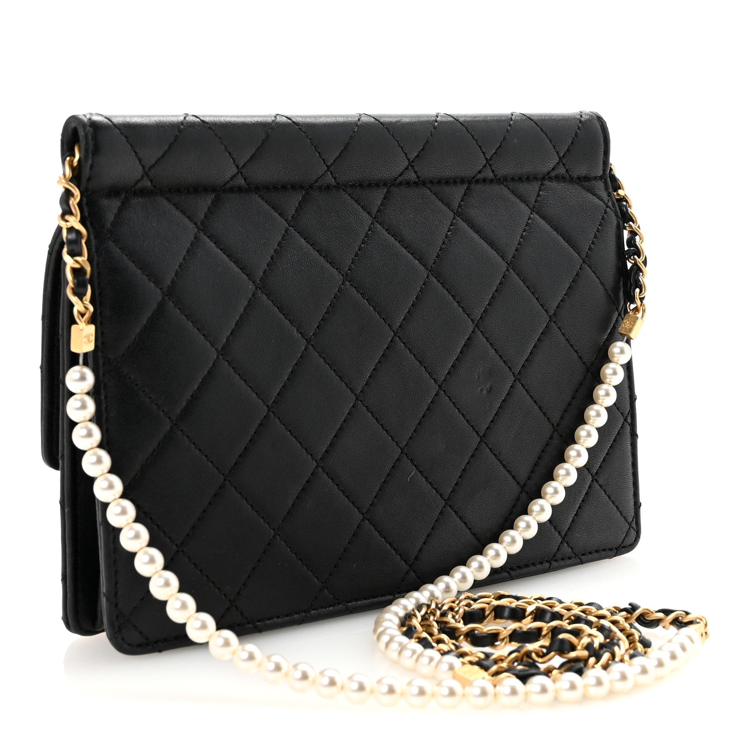 Goatskin Quilted Pearl Chain Flap Bag Black