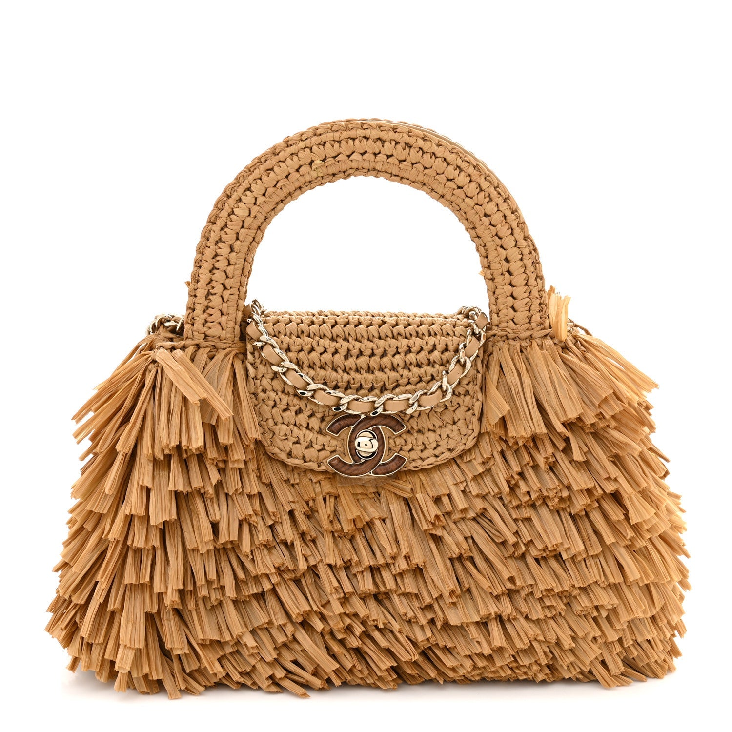 Raffia Fringe Nano Kelly Shopper Dark Beige