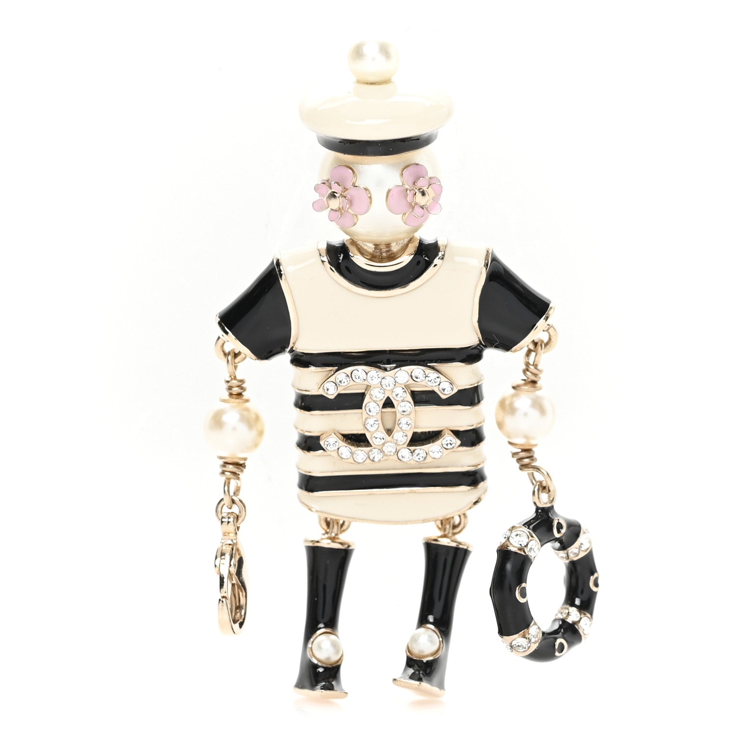 Enamel Crystal Pearl CC Sailor Brooch Black White