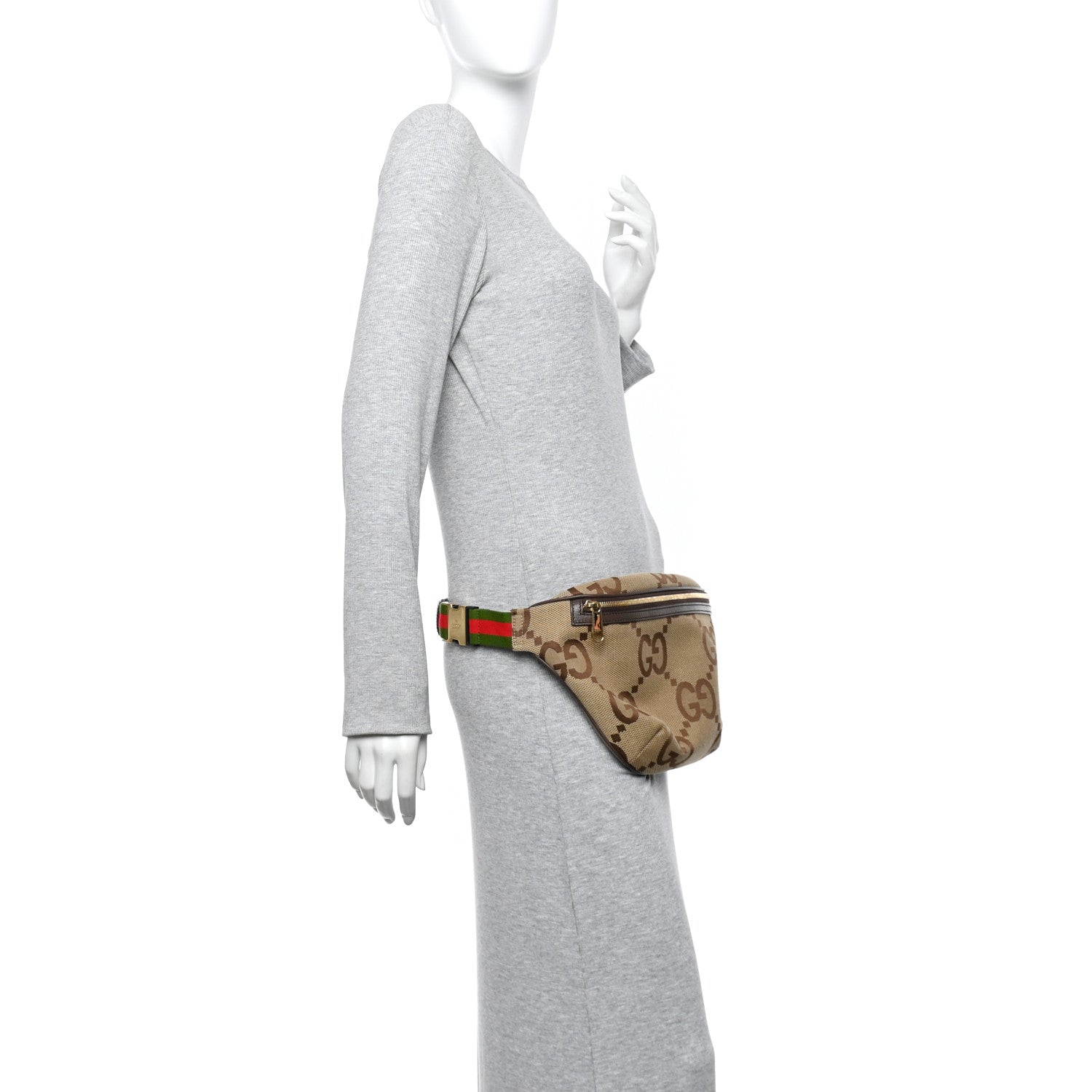Monogram Jumbo GG Textured Dollar Calfskin Web Belt Bag Camel Ebony New Acero