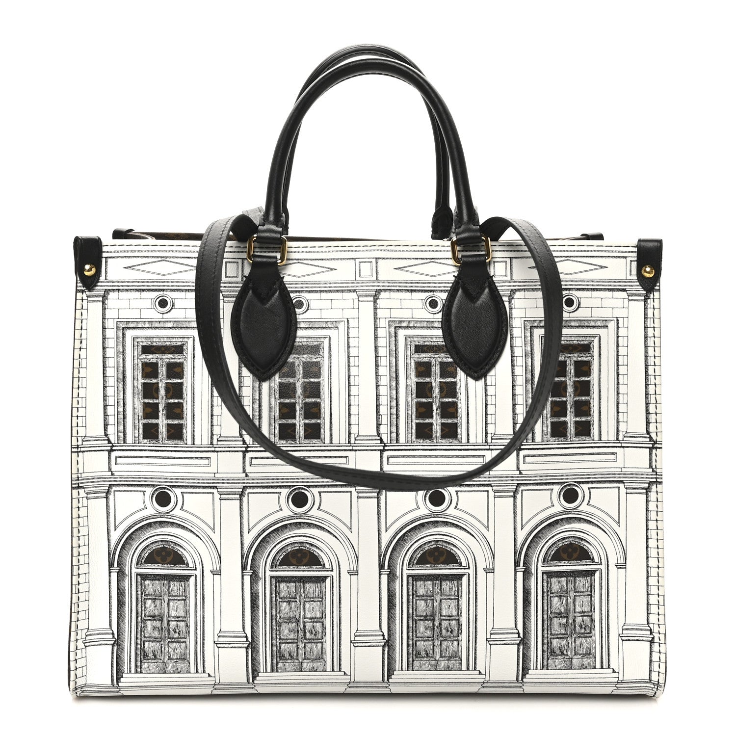 X FORNASETTI Calfskin Architettura Onthego MM Black White