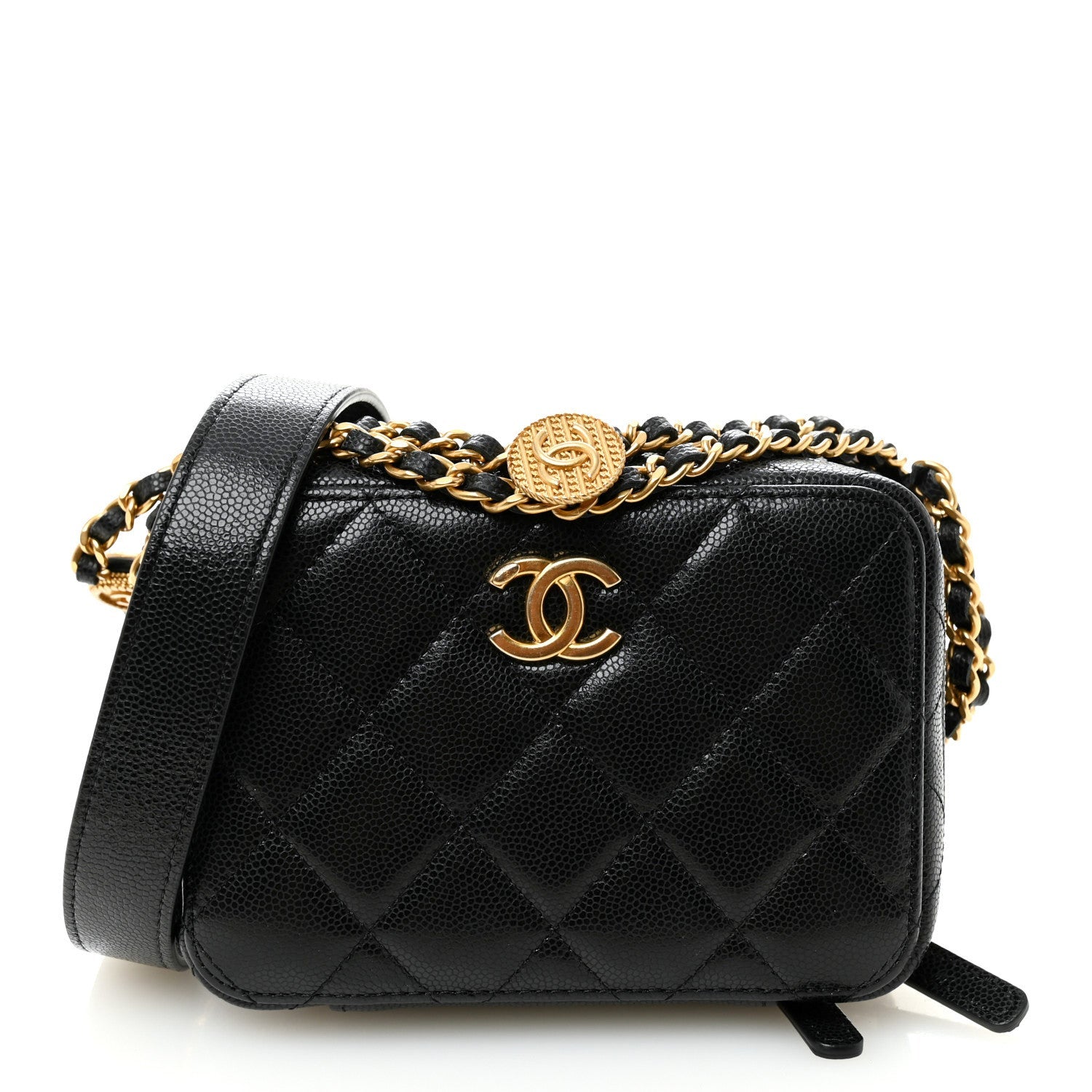 Caviar Quilted Twist Your Buttons Clutch With Chain Black