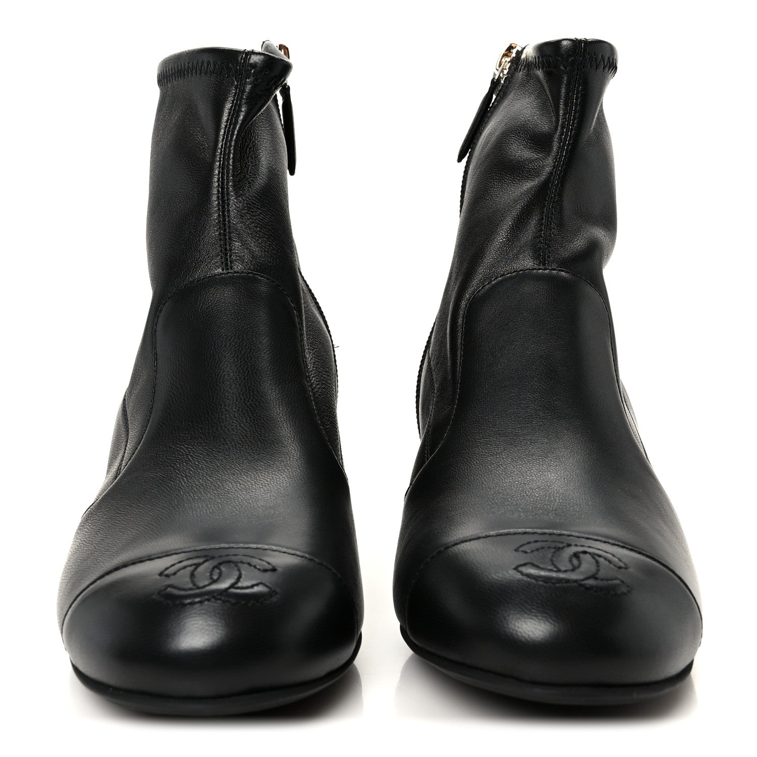 Stretch Lambskin Cap Toe CC Uniform Short Boots 38 Black