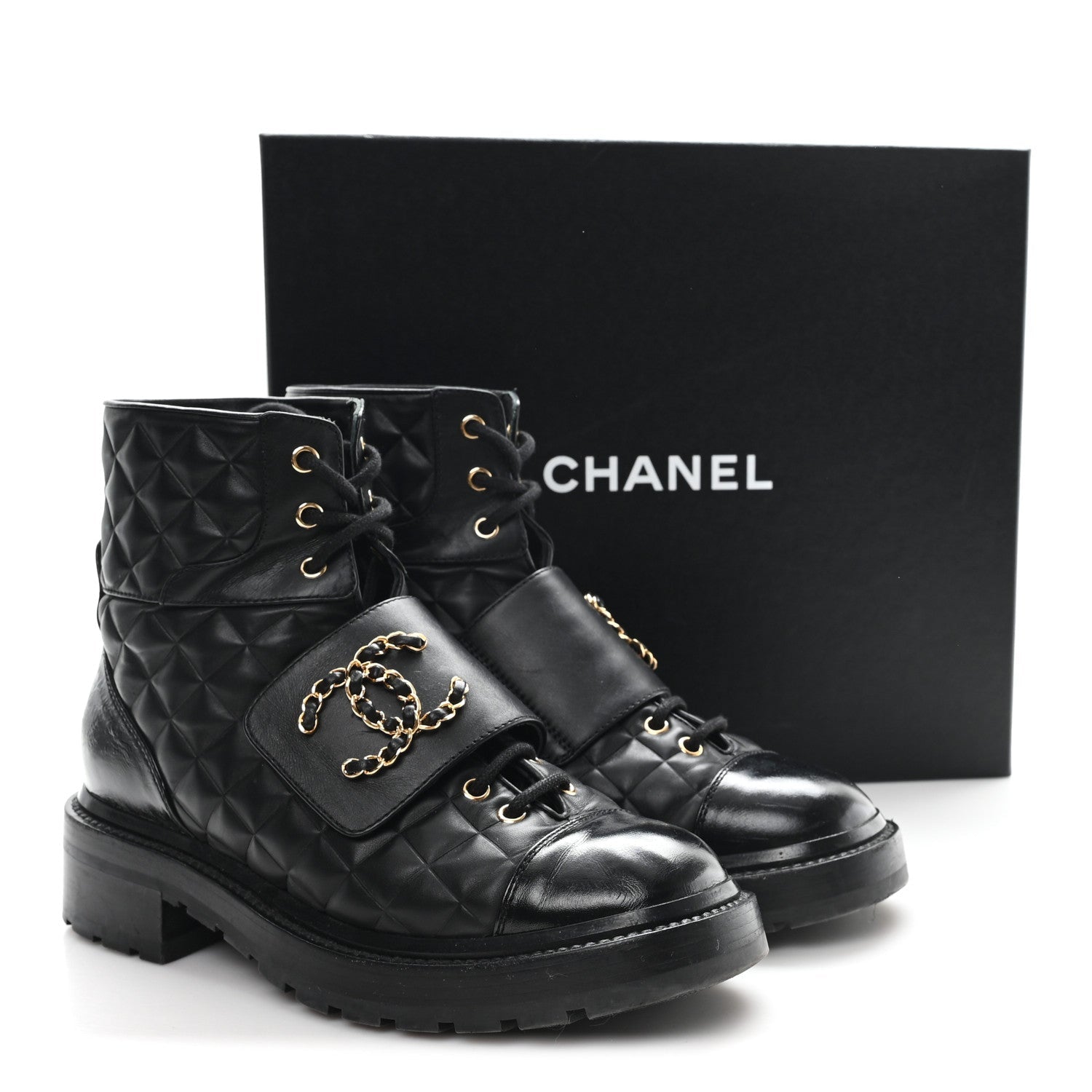 Shiny Calfskin Quilted Lace Up Combat Boots 38.5 Black