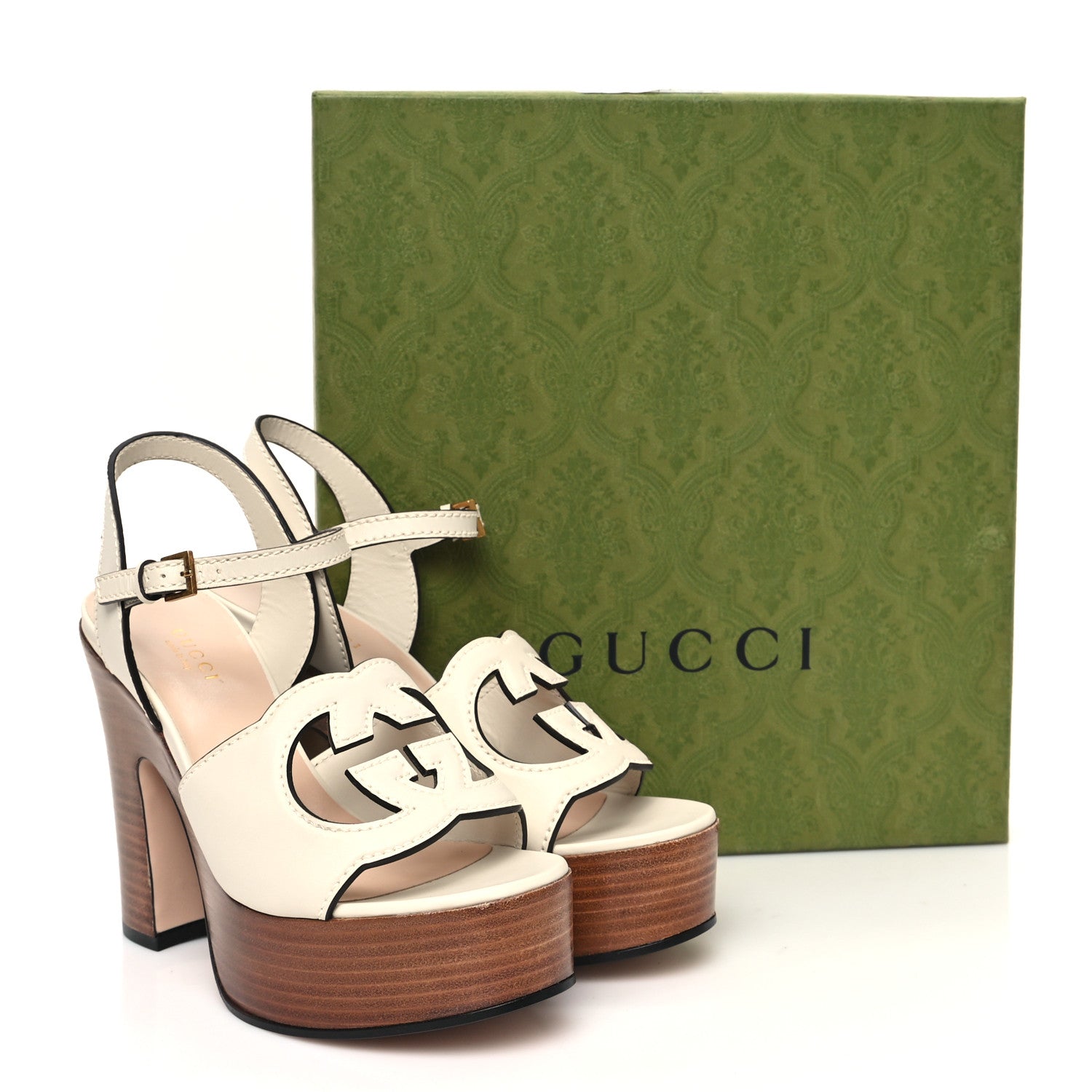Cosmos Softy Calfskin Wooden Interlocking G Cut-Out 30/120mm Platform Sandals 36.5 Mystic White
