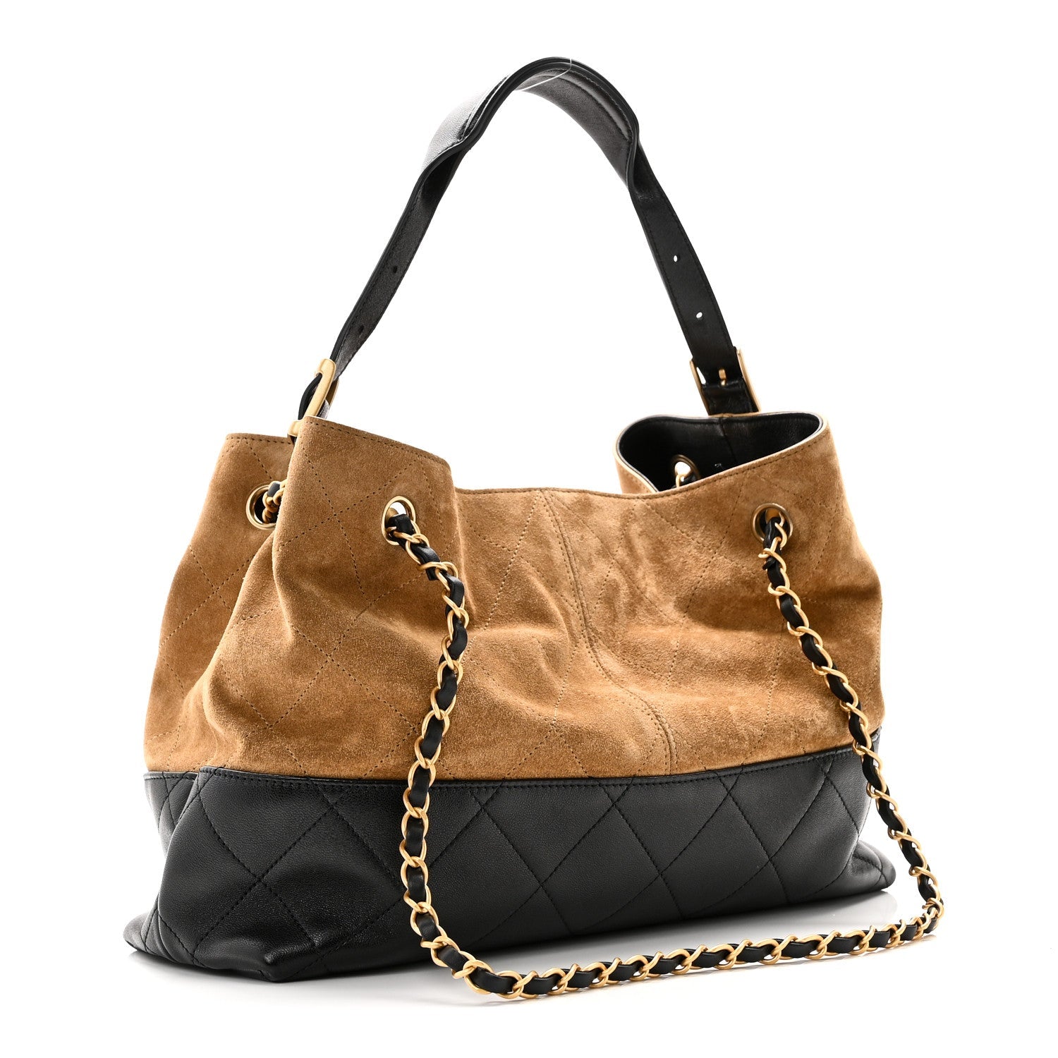 Suede Calfskin Shiny Lambskin Quilted Small Shopping Bag Beige Black