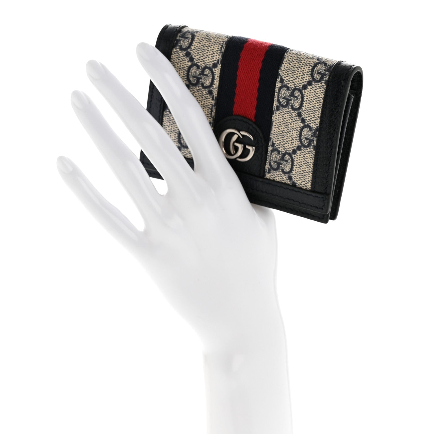 GG Supreme Monogram Textured Dollar Calfskin Web Ophidia Card Case Beige Blue
