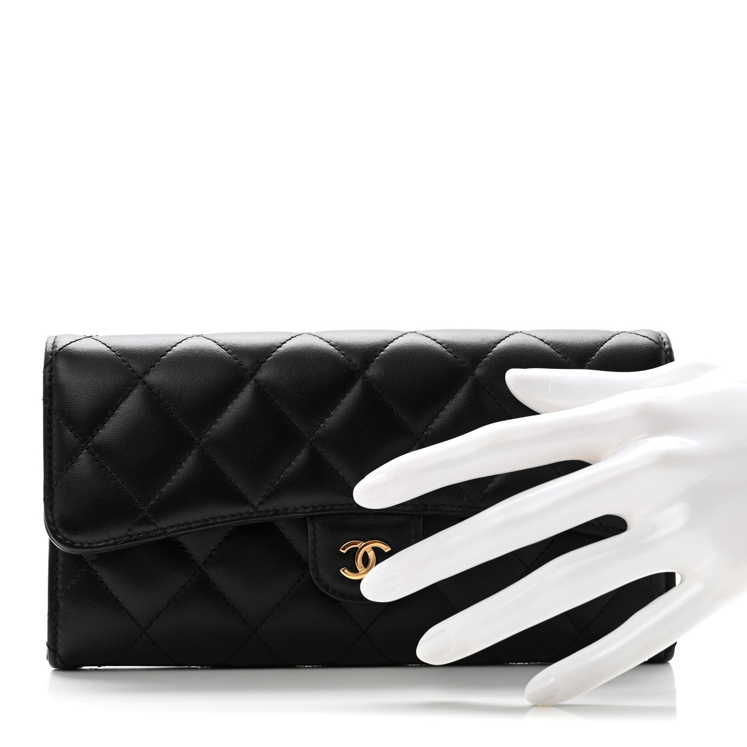 Lambskin Quilted Large Gusset Flap Wallet Black