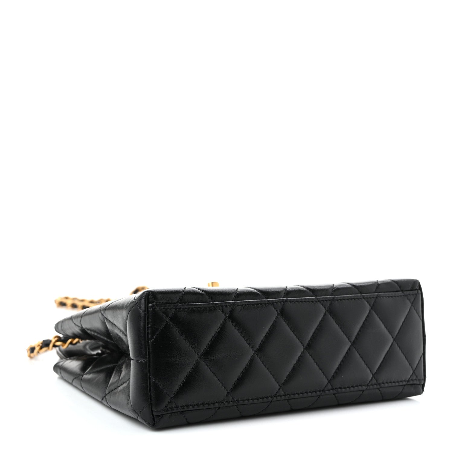 Shiny Aged Calfskin Quilted Nano Kelly Shopper Black