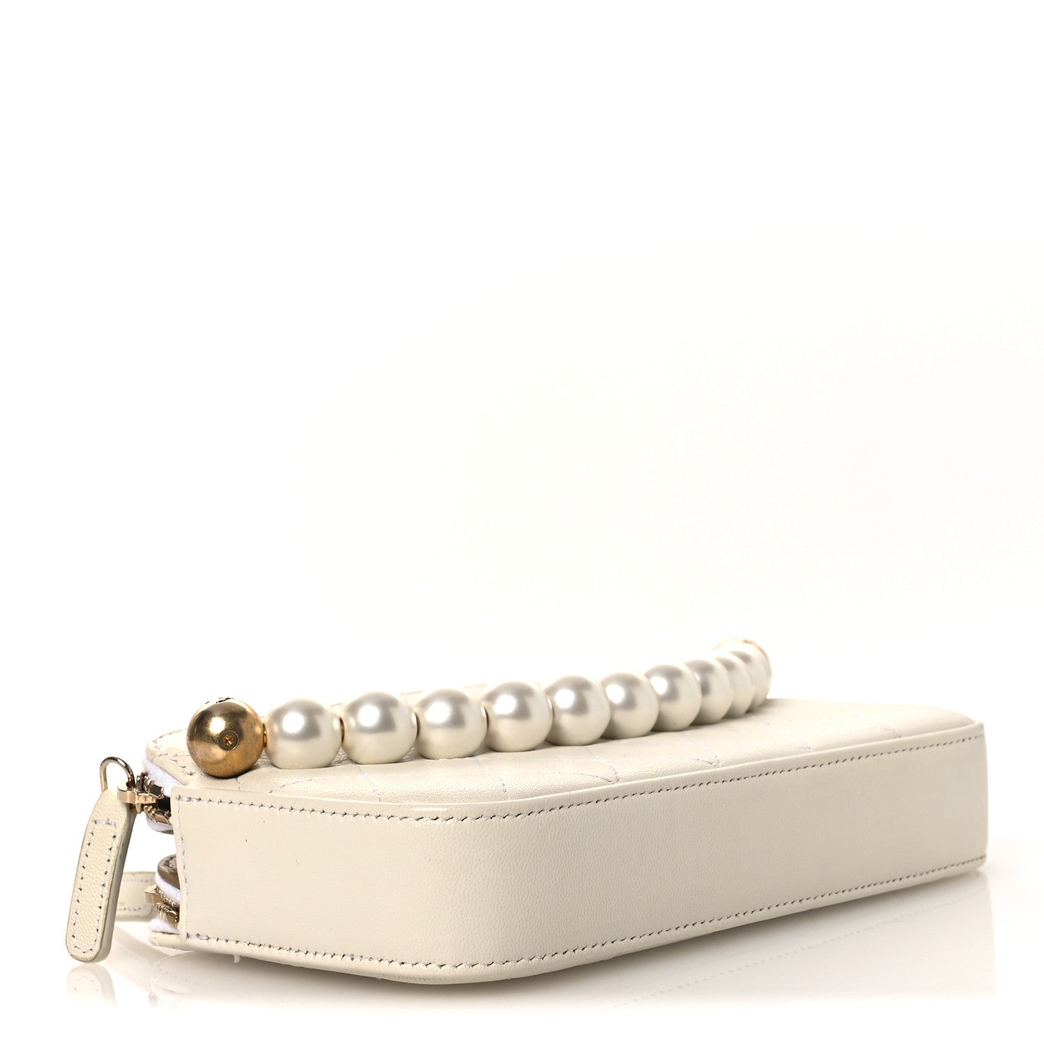 Goatskin Stitched Small Chic Pearls Clutch With Chain  White