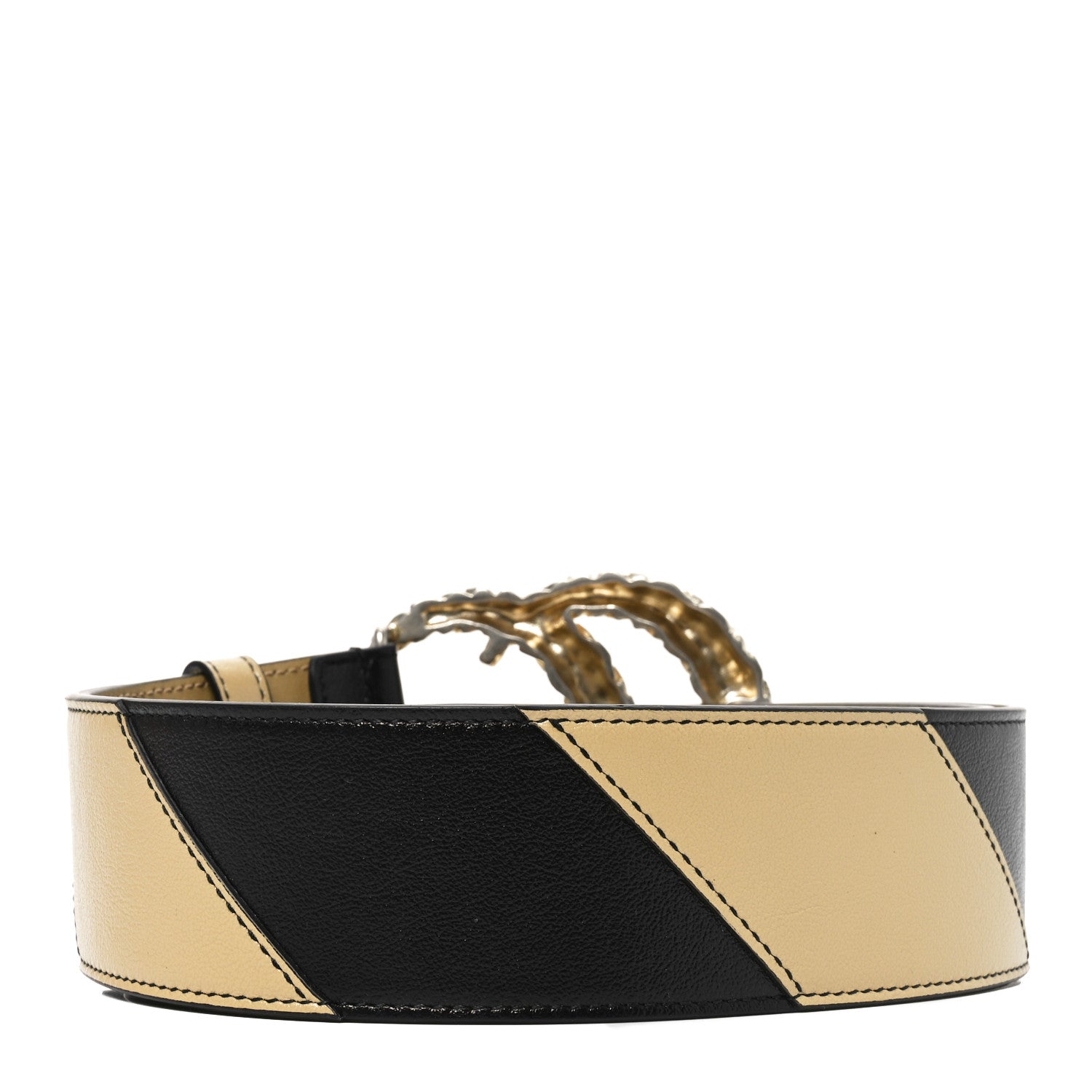 Calfskin Striped Textured Double G 50mm Belt 95 38 Black Beige