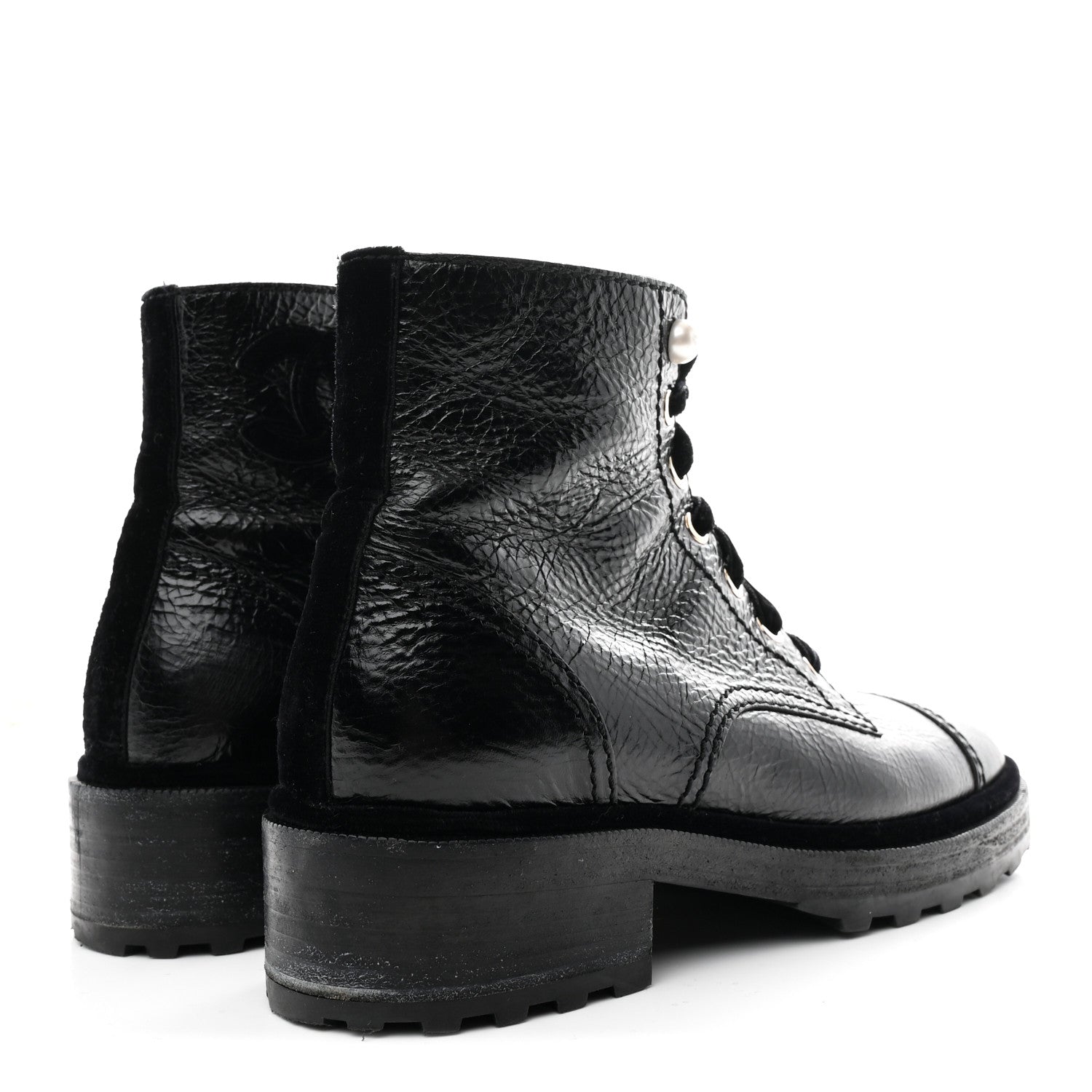 Shiny Calfskin Velvet Pearl Combat Short Boots 39 Black