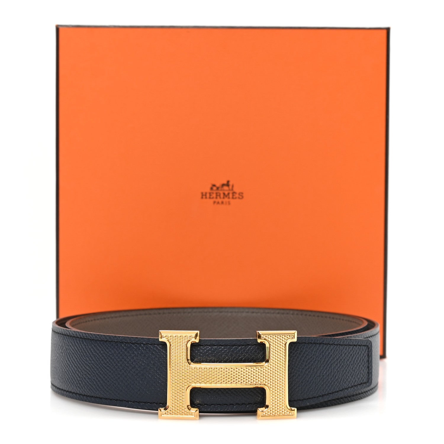 Epsom 32mm Guilloche H Belt 90 36 Bleu Obscur Etain