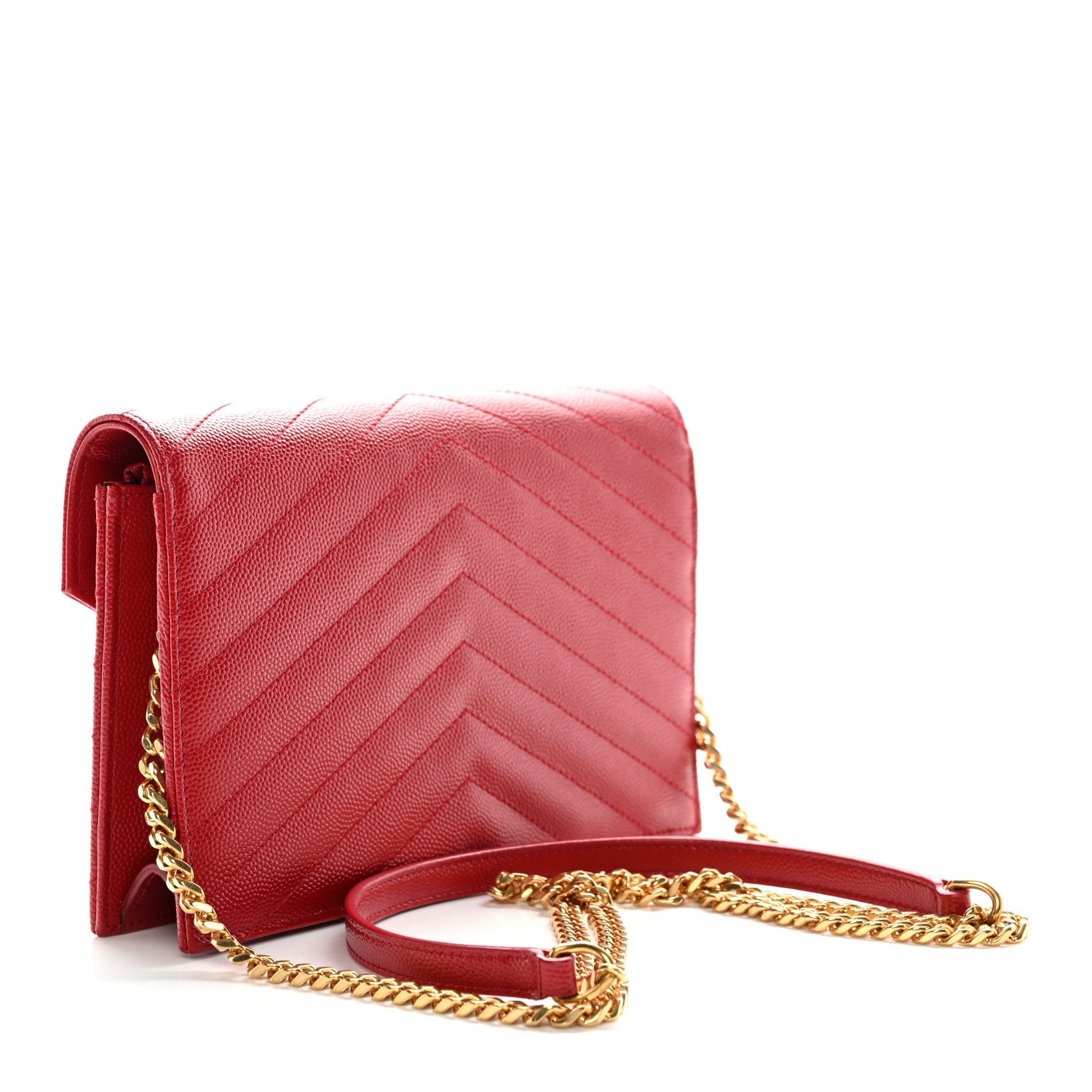Grain De Poudre Matelasse Chevron Monogram Envelope Chain Wallet New Red