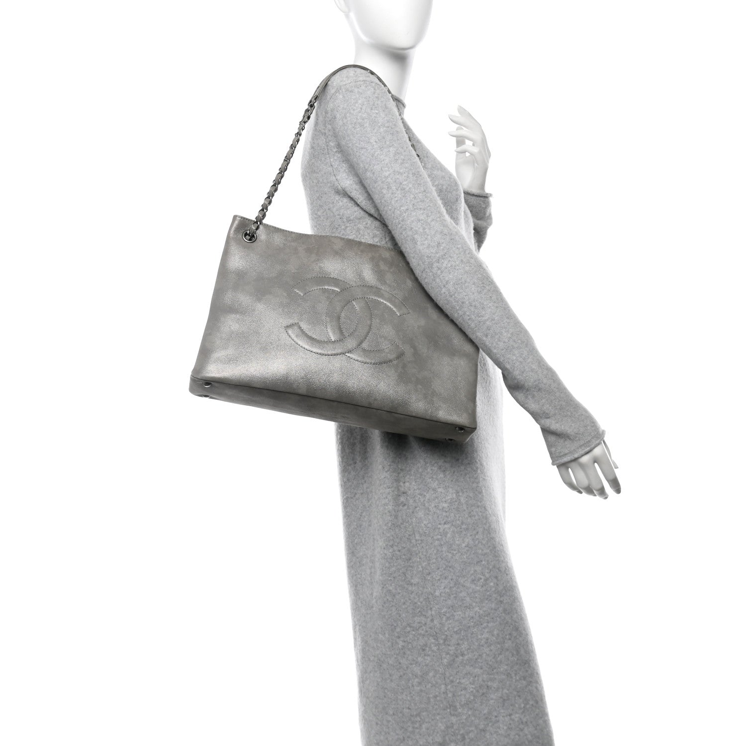 Iridescent Calfskin CC East West Shopping Tote Light Grey