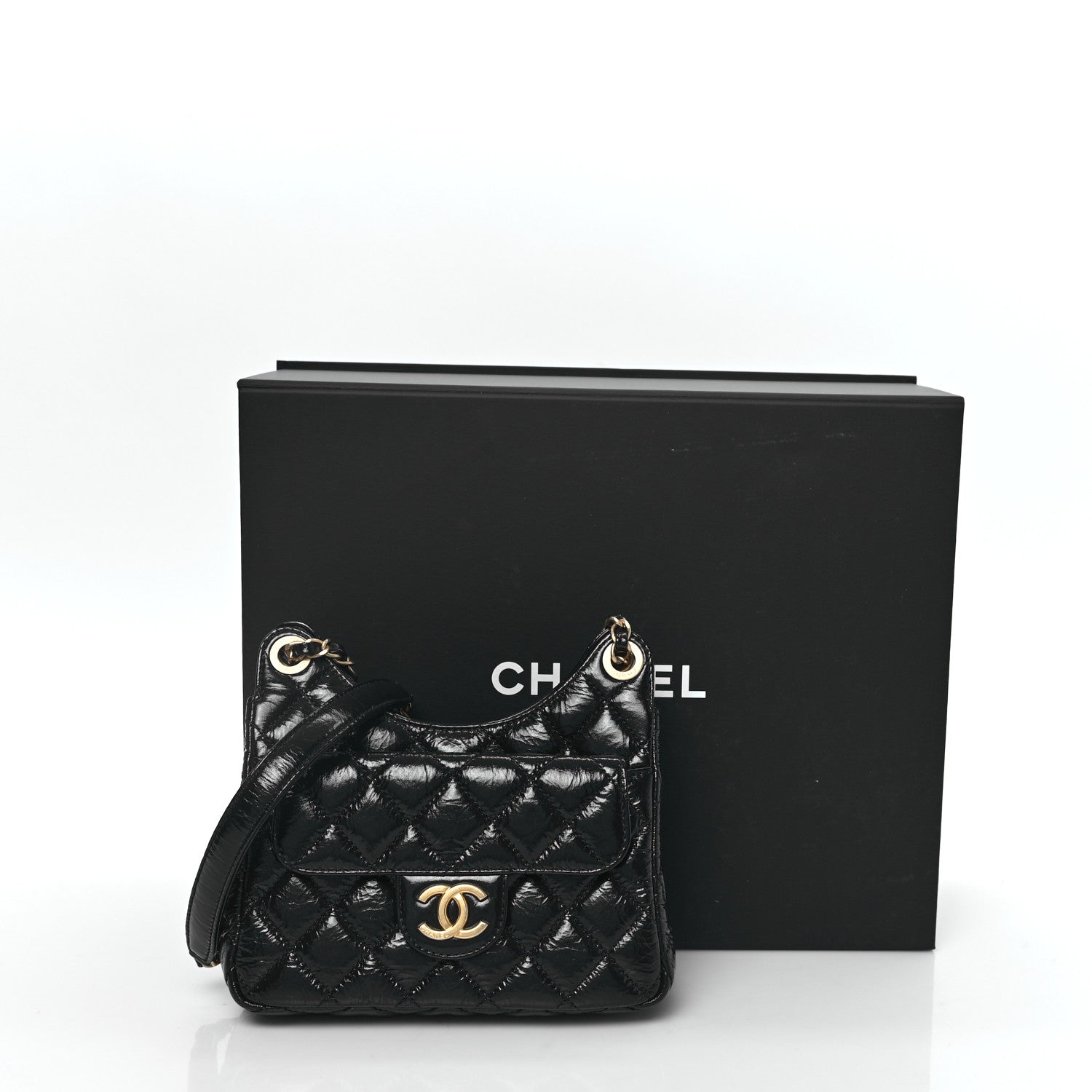 Shiny Crumpled Calfskin Quilted Small Wavy CC Hobo Black