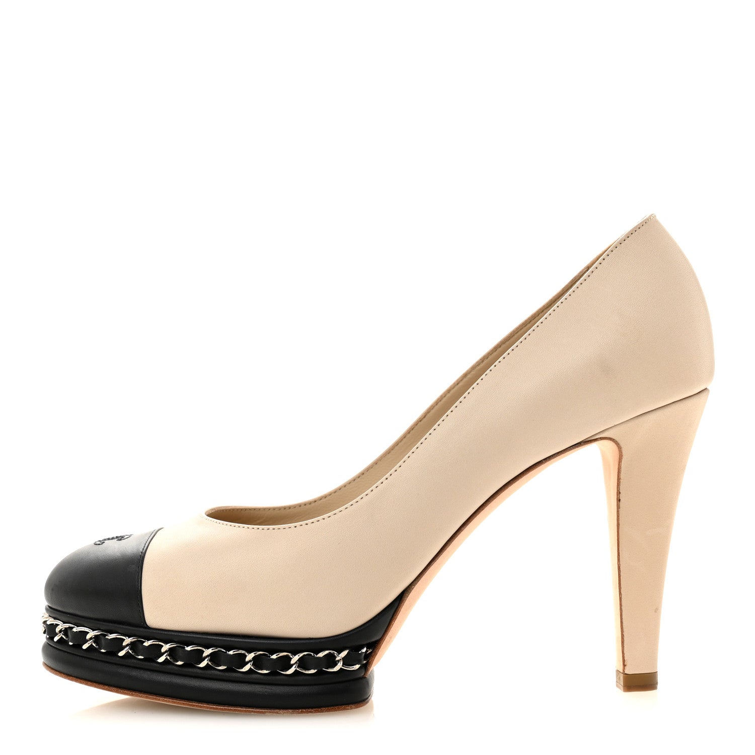 Calfskin CC Cap Toe Platform Chain Pumps 39 Beige Black
