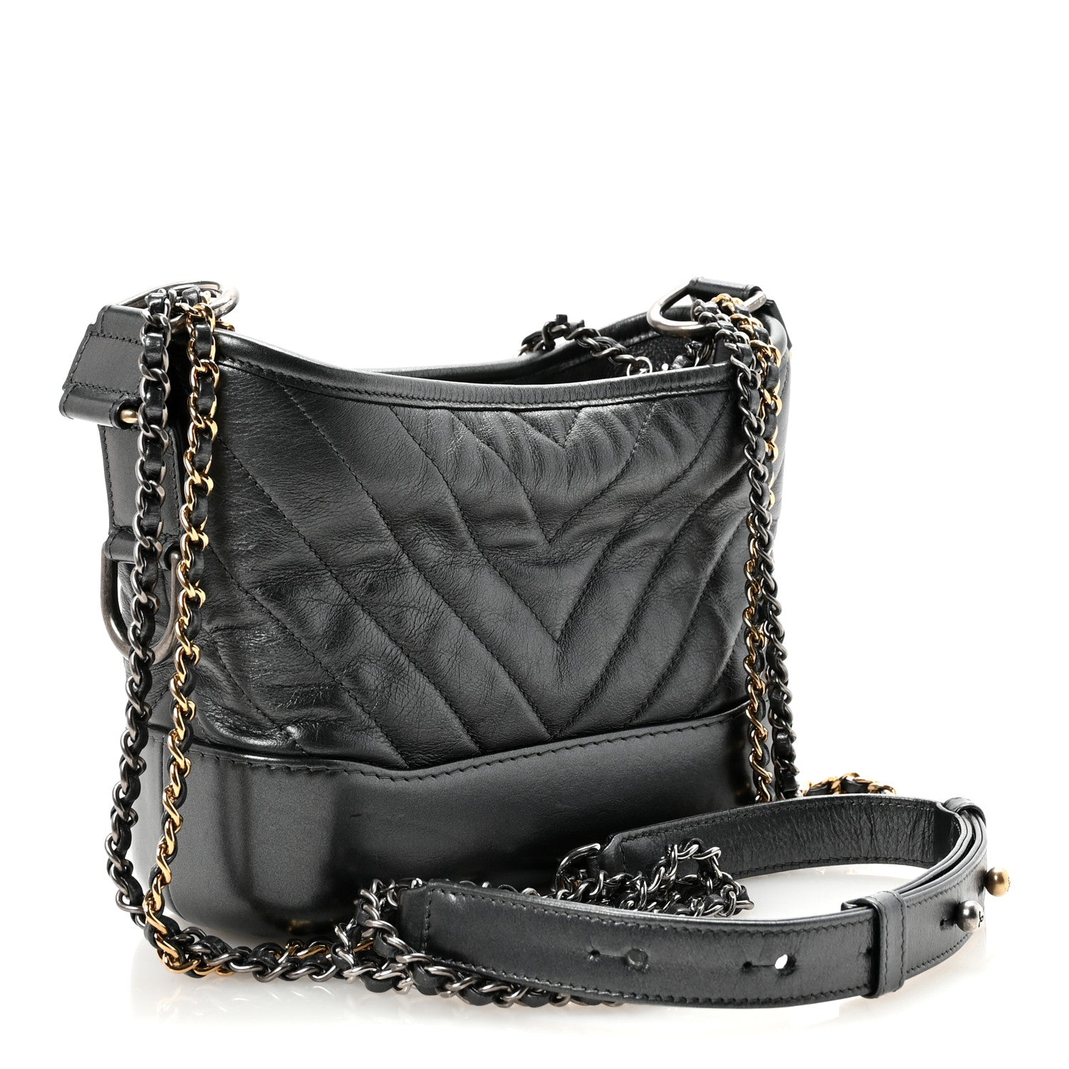 Metallic Aged Calfskin Chevron Quilted Small Gabrielle Hobo Dark Grey