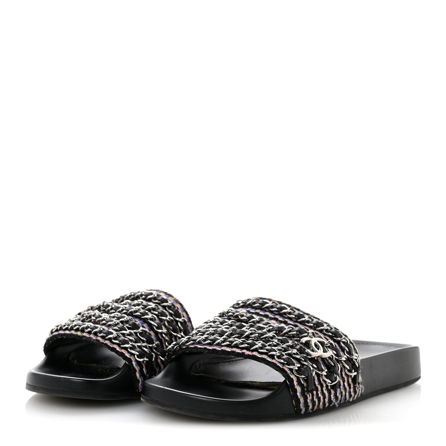 Satin Canvas Chain Slides Sandals Flats 37.5 Marine