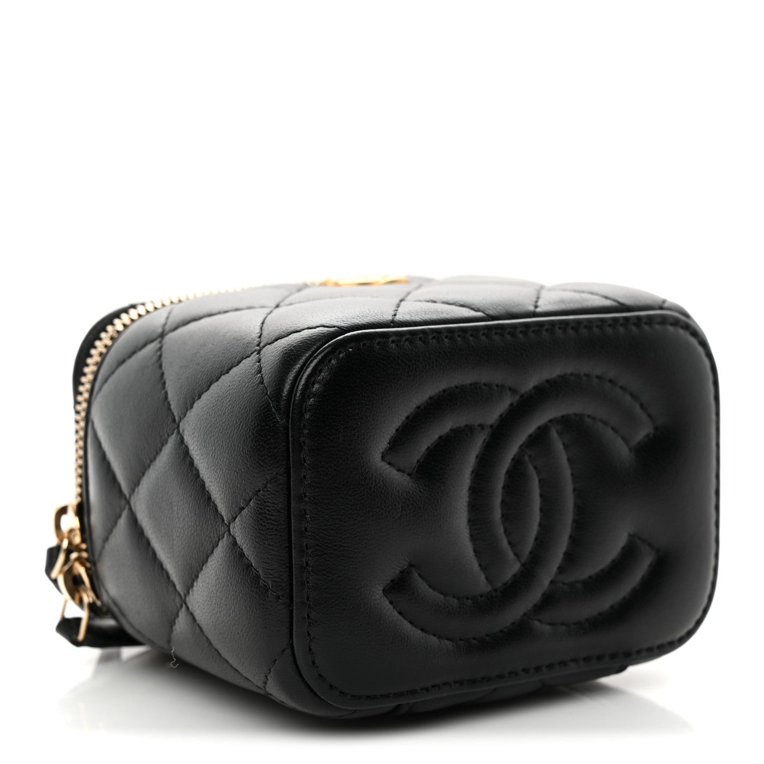 Lambskin Quilted Mini Pearl Crush Vanity Case With Chain Black