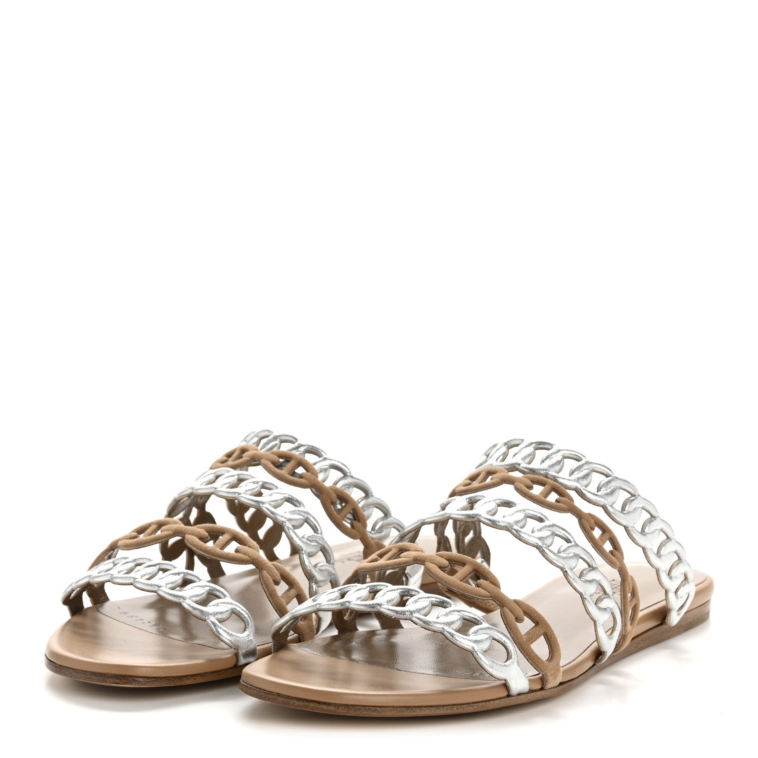 Metallic Nappa Suede Chaine d'Ancre Nude Sandals 36 Beige Sable Gris Argente