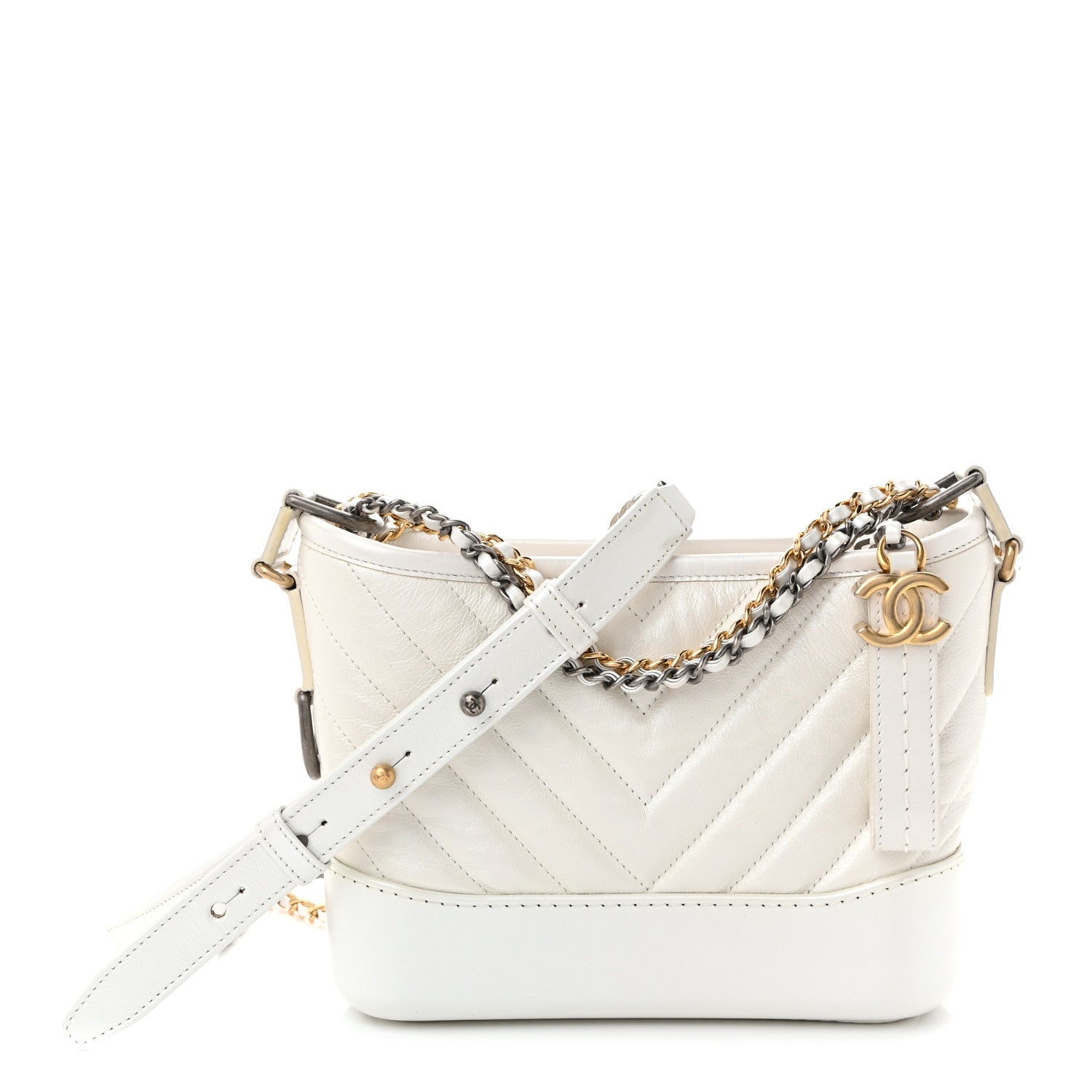 Iridescent Aged Calfskin Chevron Quilted Small Gabrielle Hobo White