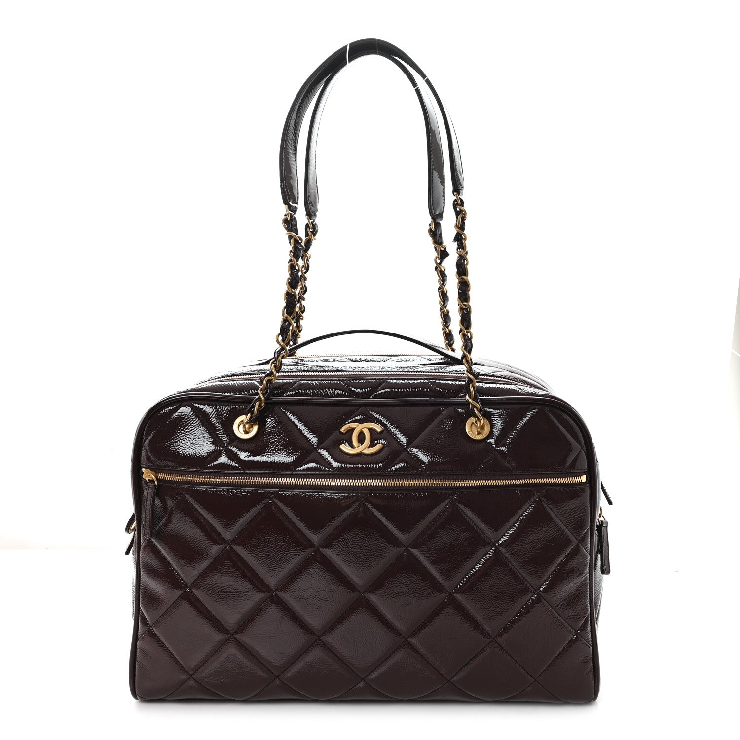 Patent Crumpled Calfskin Quilted Travel Bowling Bag Dark Brown