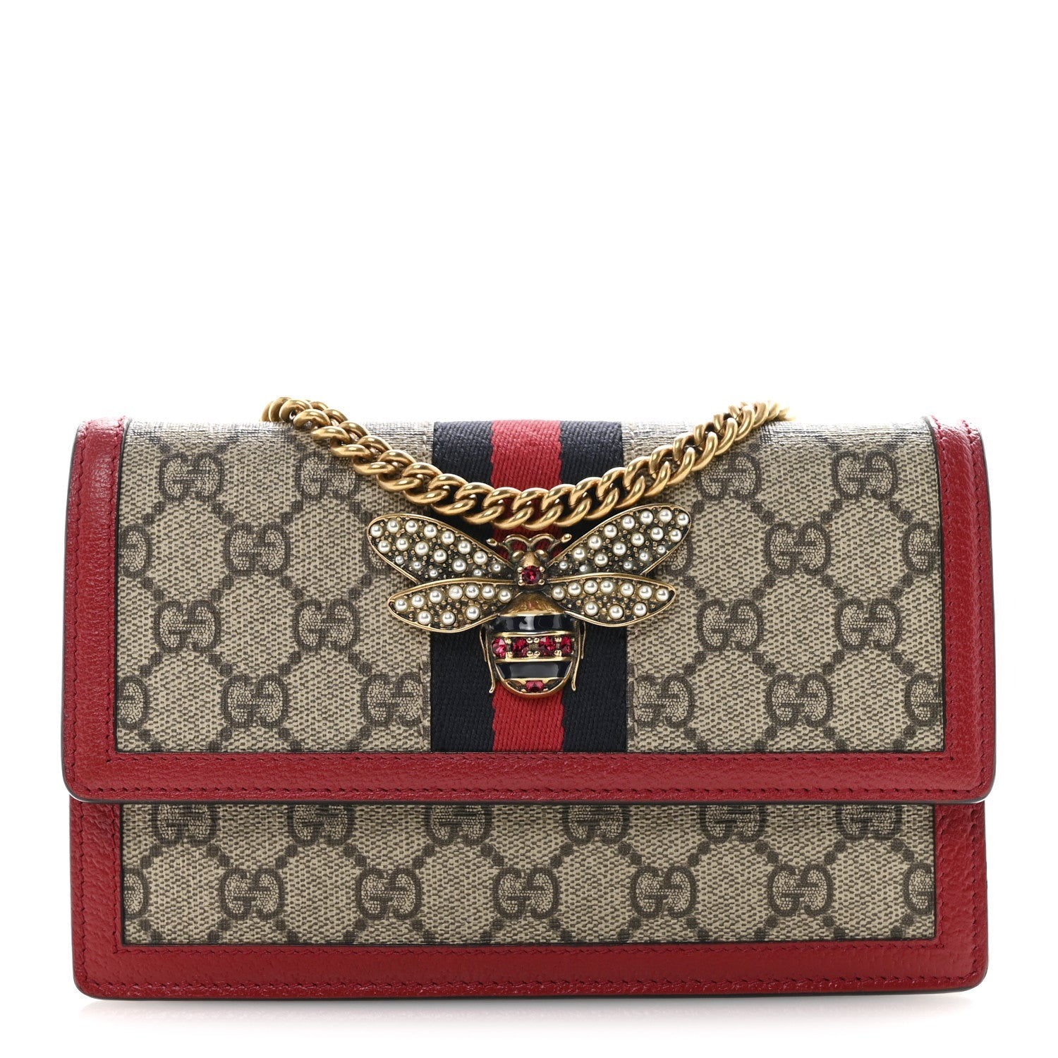 GG Supreme Monogram Web Queen Margaret Chain Wallet Red