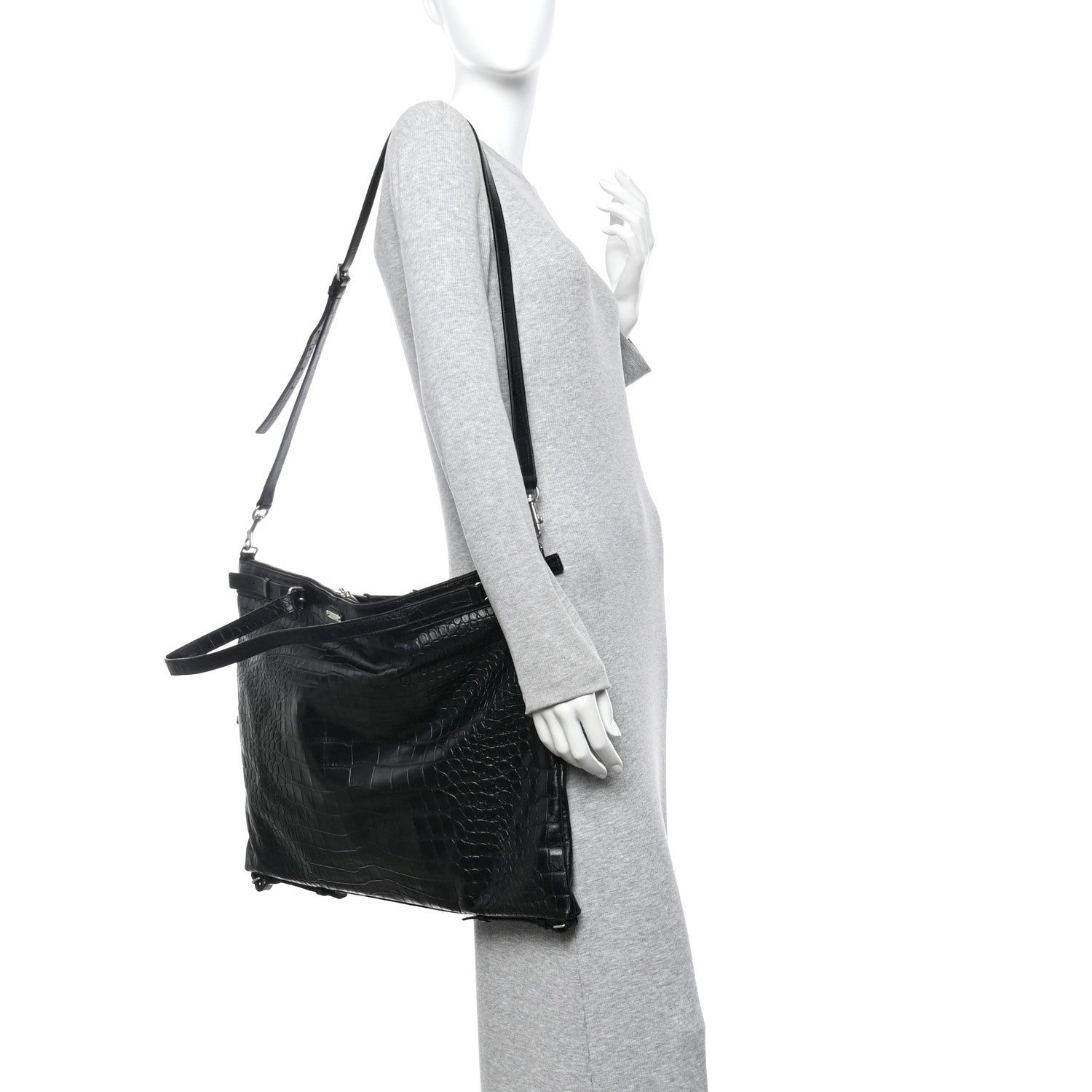 Calfskin Crocodile Embossed Large Convertible ID Bag Black