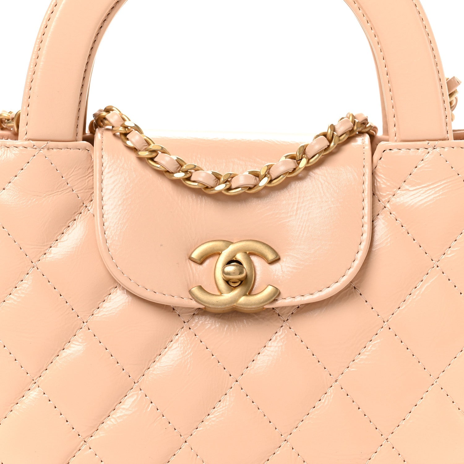 Shiny Aged Calfskin Quilted Nano Kelly Shopper Beige