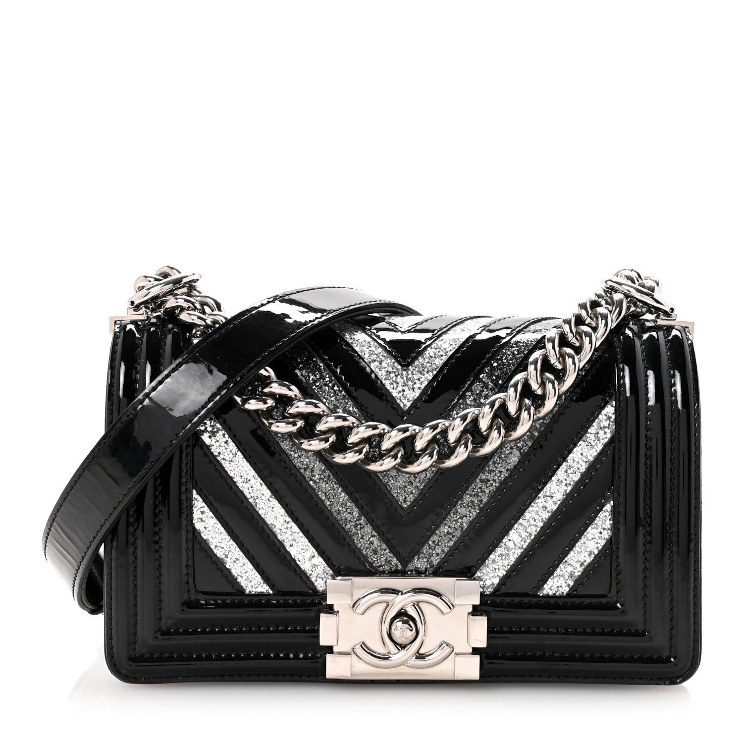 Patent Glitter PVC Chevron Quilted Small Boy Flap Black Silver