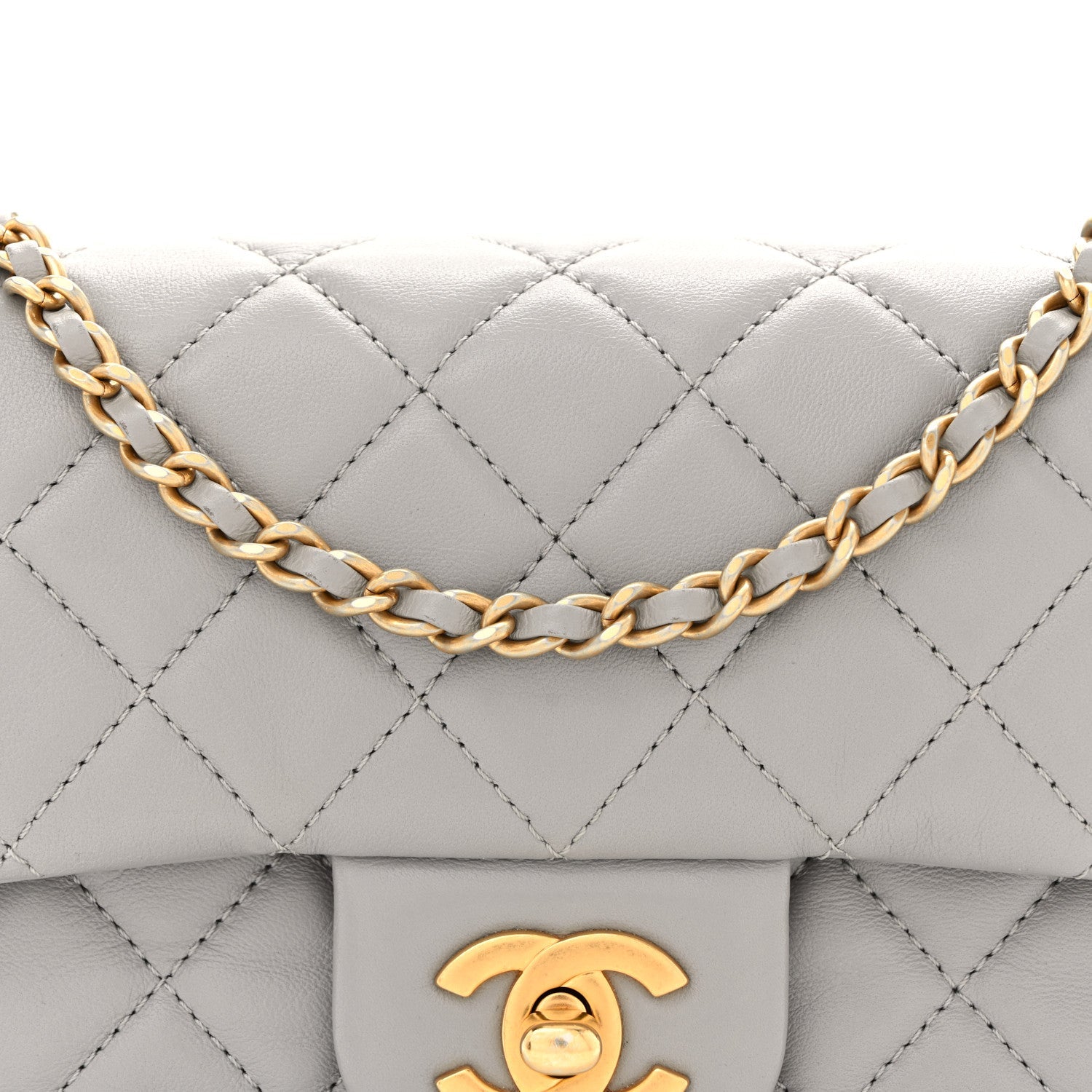 Lambskin Quilted Mini Rectangular Pearl Crush Flap Grey