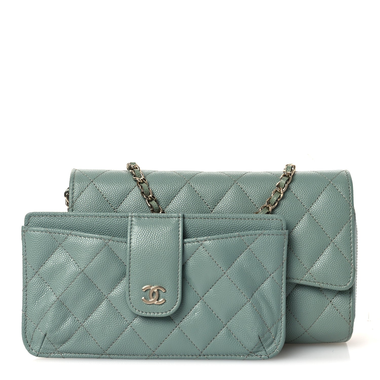 Caviar Quilted Phone Holder Wallet on Removable Chain Light Blue
