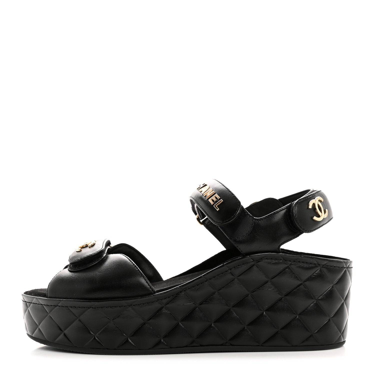 Shiny Calfskin Logo Platform Sandals 39 Black