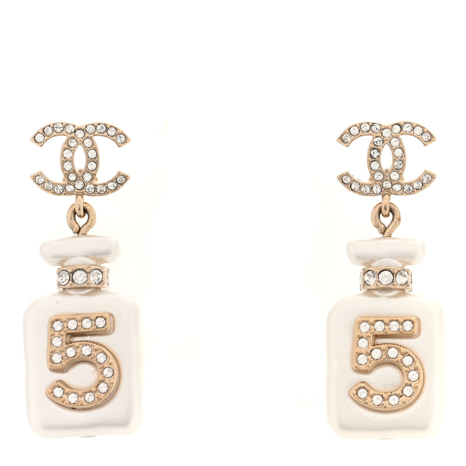 Pearl Resin Crystal CC No 5 Perfume Bottle Drop Earrings Gold Pearly White